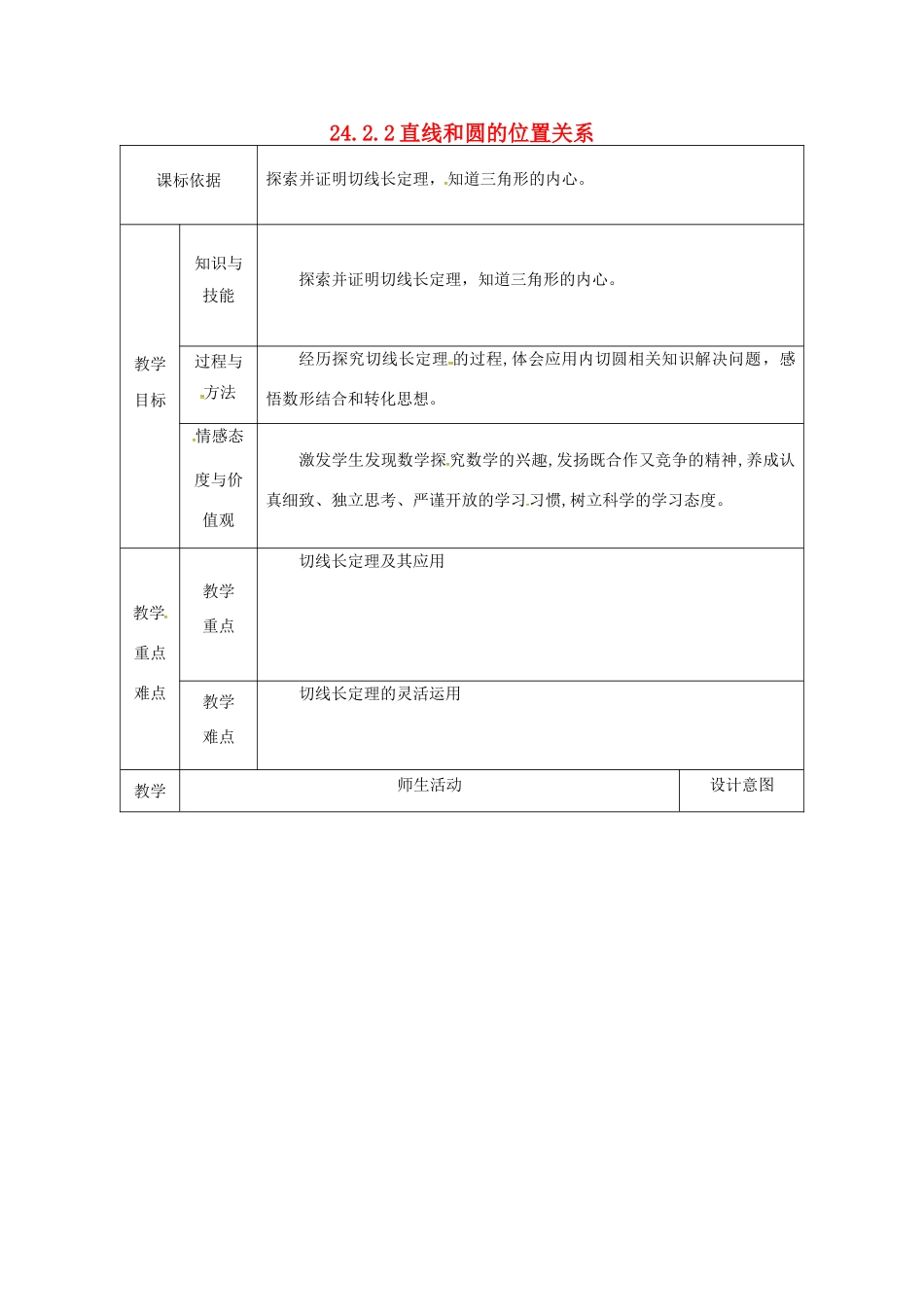 陕西省安康市石泉县池河镇九年级数学上册 24.2 点和圆、直线和圆的位置关系 24.2.2 直线和圆的位置关系(3)教案 （新版）新人教版-（新版）新人教版初中九年级上册数学教案_第1页