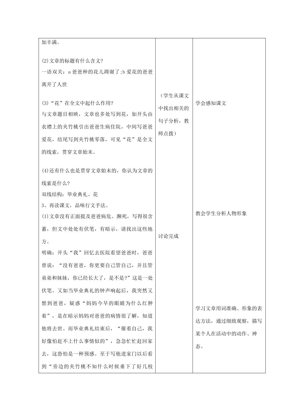 （秋季版）七年级语文上册 第一单元 3《爸爸的花儿落了》图表式教学设计 语文版-语文版初中七年级上册语文教案_第3页