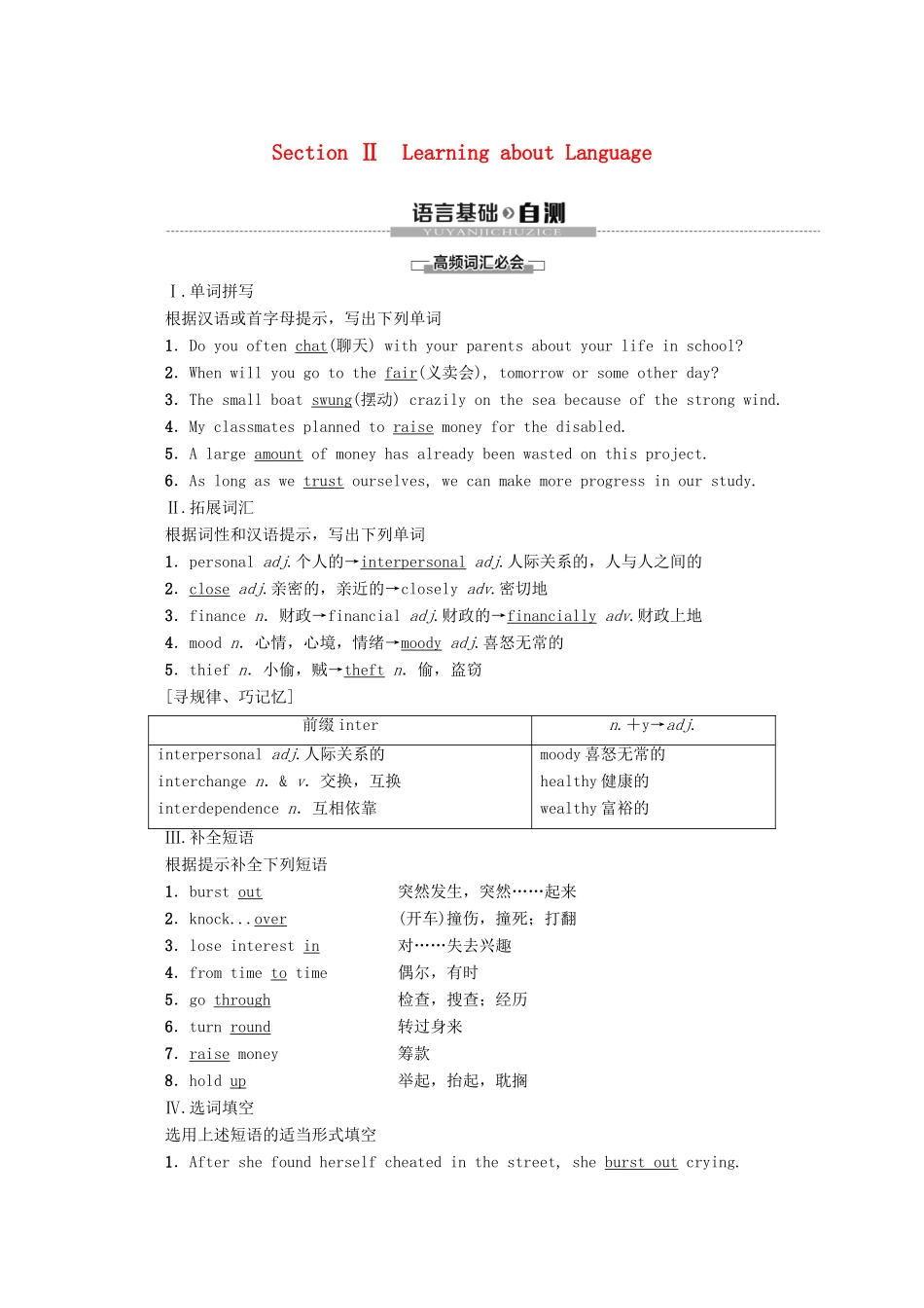 高中英语 Module 3 Interpersonal Relationships—Friendship Section Ⅱ Learning about Language教案（含解析）外研版选修6-外研版高二选修6英语教案_第1页