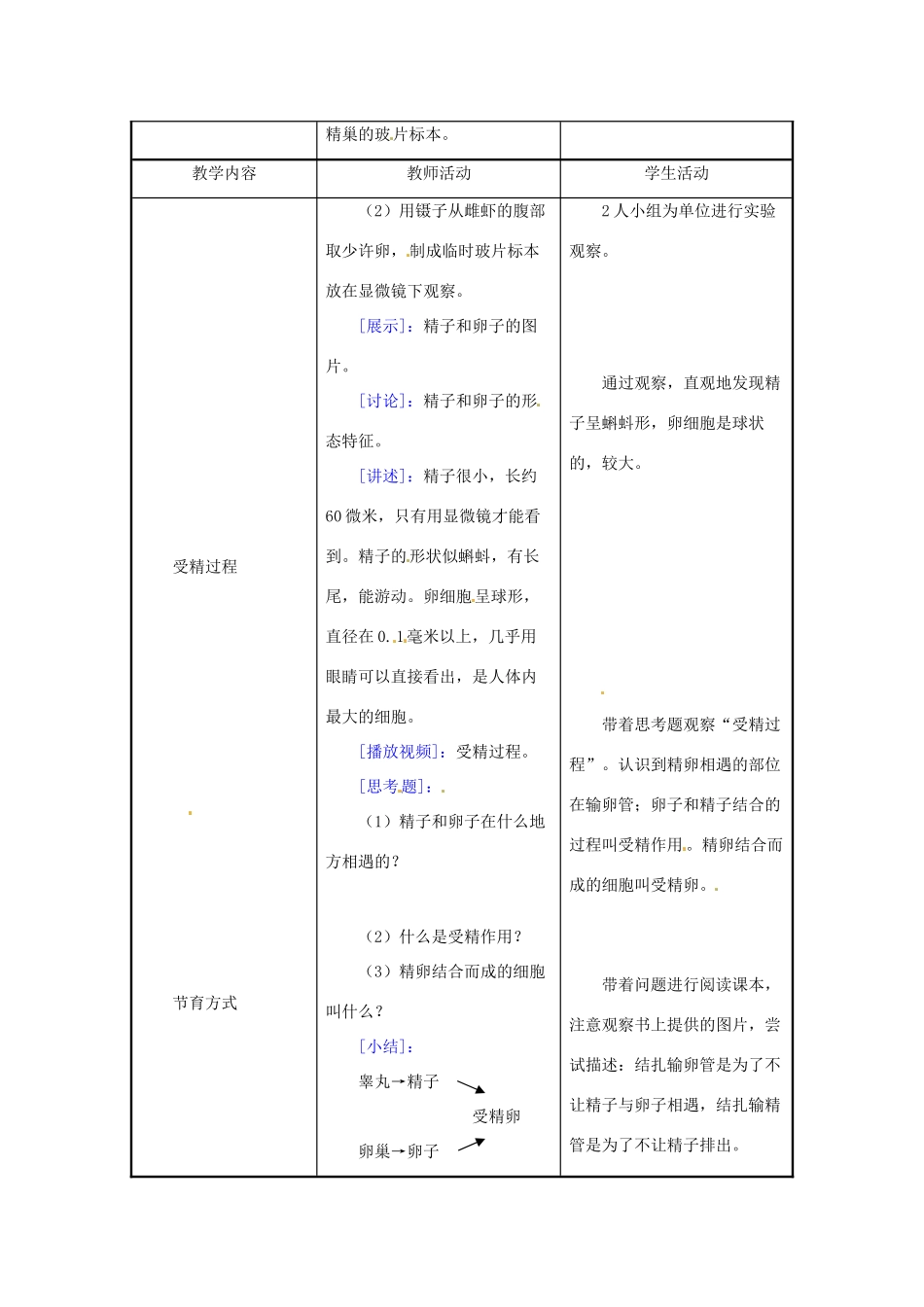 生物：第8章第1节精卵结合孕育新的生命教案（第2课时）（苏教版七年级下册）_第2页