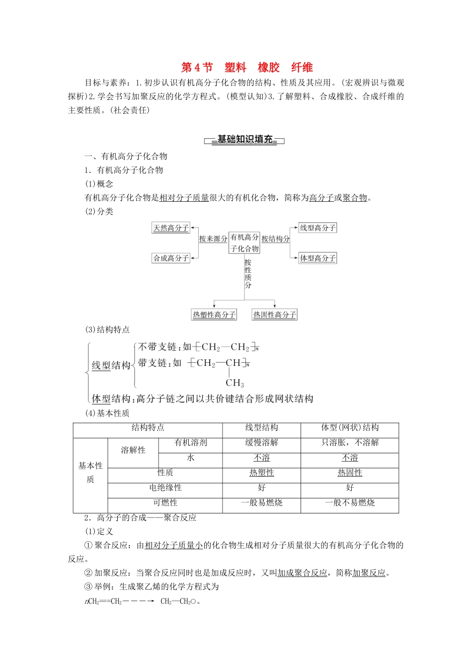 高中化学 第3章 第4节 塑料 橡胶 纤维教案 鲁科版必修2-鲁科版高一必修2化学教案_第1页