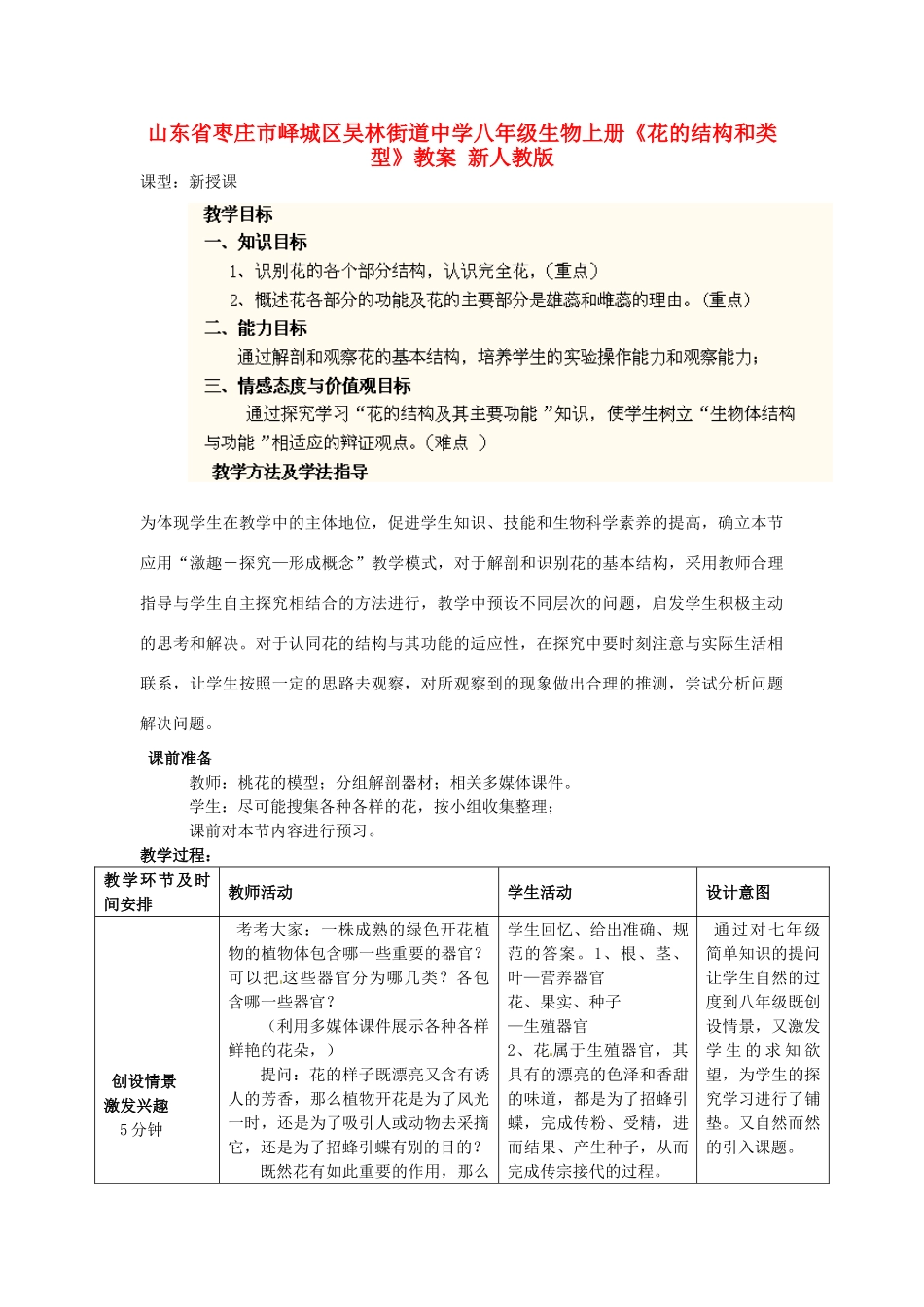 山东省枣庄市峄城区吴林街道中学八年级生物上册《花的结构和类型》教案 新人教版_第1页