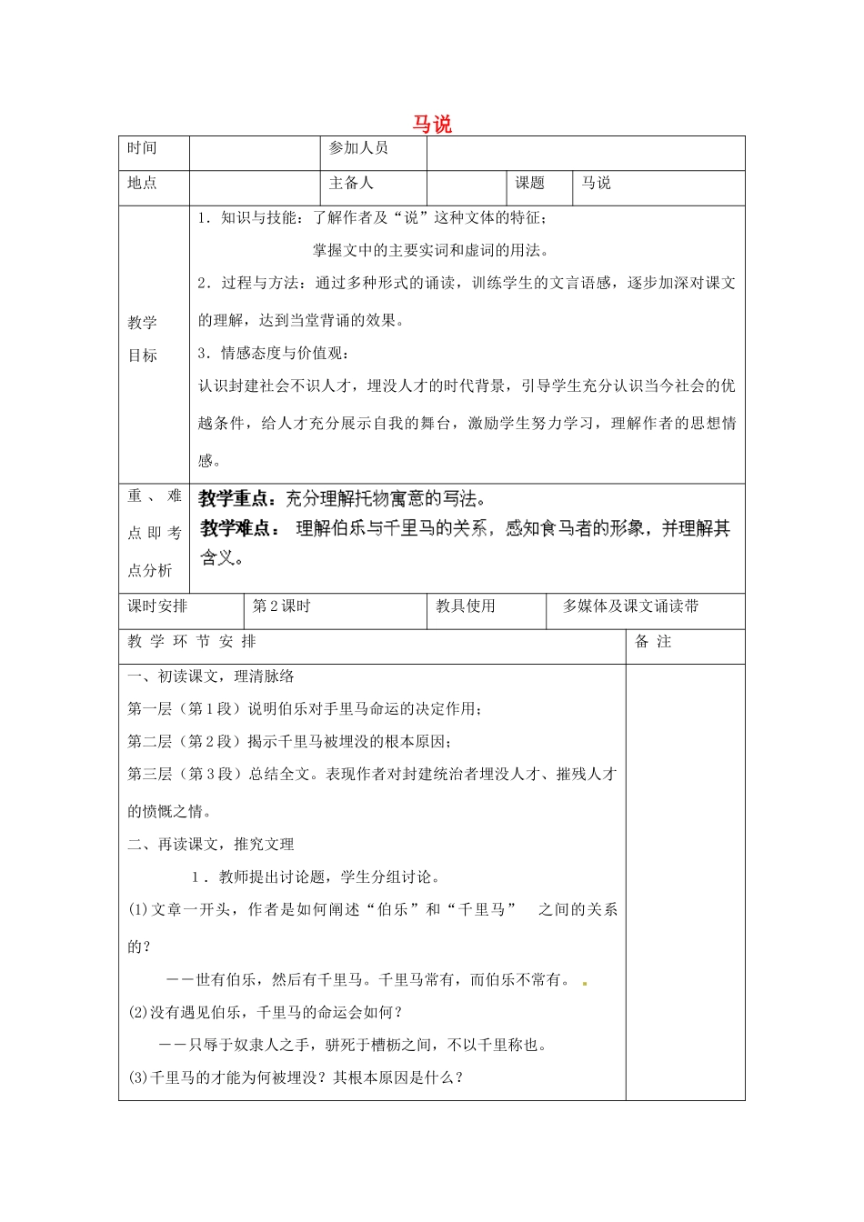 河南省洛阳市下峪镇初级中学八年级语文下册《马说》第2课时教案 新人教版_第1页