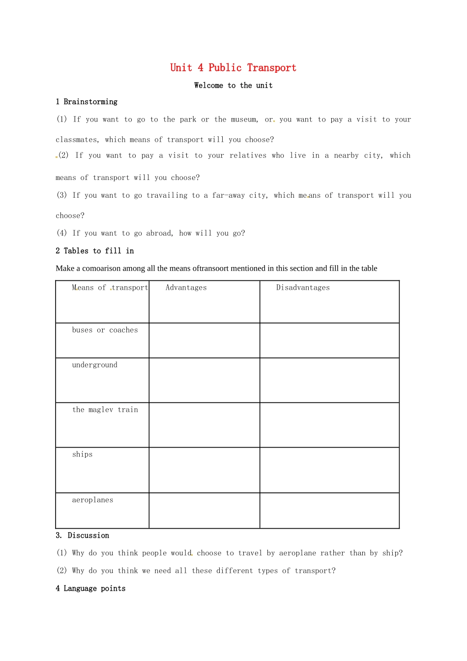高中英语 Unit4 Public transport Welcome to the unit教案 牛津译林版选修7-牛津版高二选修7英语教案_第1页