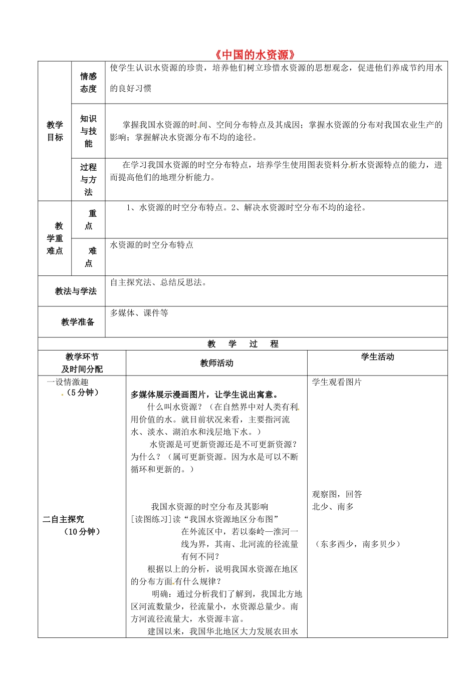 陕西省安康市紫阳县紫阳中学初中部八年级地理上册 第三章 第三节《中国的水资源》教案 （新版）湘教版_第1页