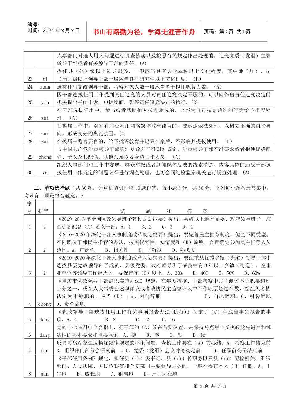 XXXX年重庆市“干部任用政策法规及换届纪律规定”知识竞赛试题库 拼音_第2页