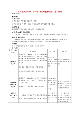 山东省枣庄市峄城区吴林街道中学八年级生物上册 第四单元 第一章 第一节 花的结构和类型第二课时教案 济南版