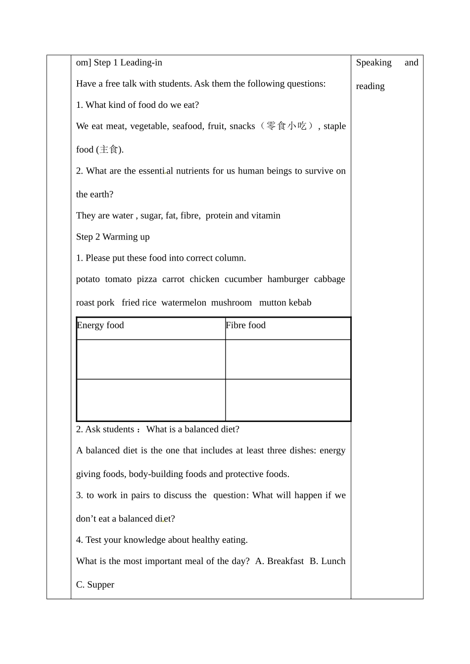 高中英语 Unit2 Healthy Eating教案 新人教版必修3-新人教版高二必修3英语教案_第3页