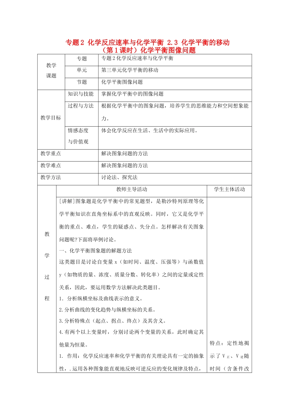 高中化学 专题2 化学反应速率与化学平衡 2.3 化学平衡的移动（第1课时）化学平衡图像问题教案 苏教版选修4-苏教版高二选修4化学教案_第1页