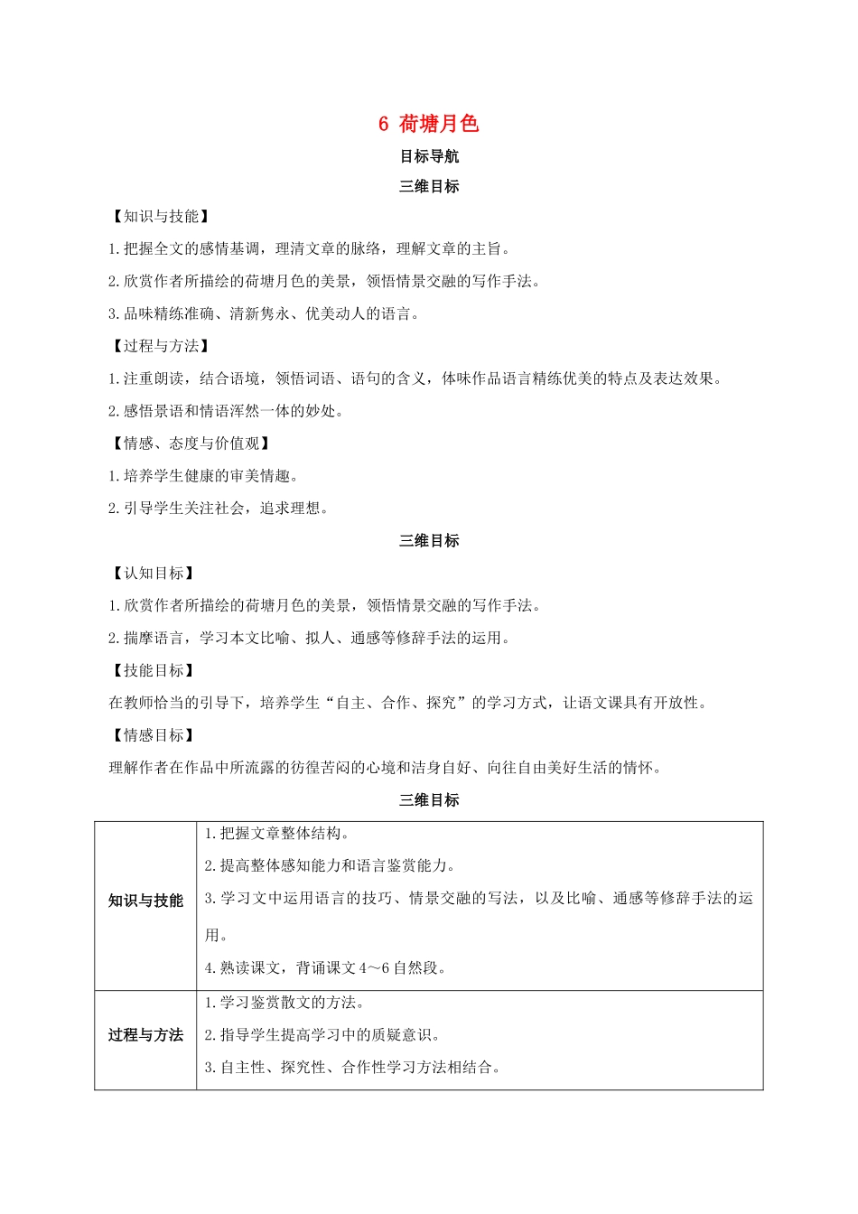 高中语文 6《荷塘月色》教案 鲁人版必修1-鲁人版高一必修1语文教案_第1页