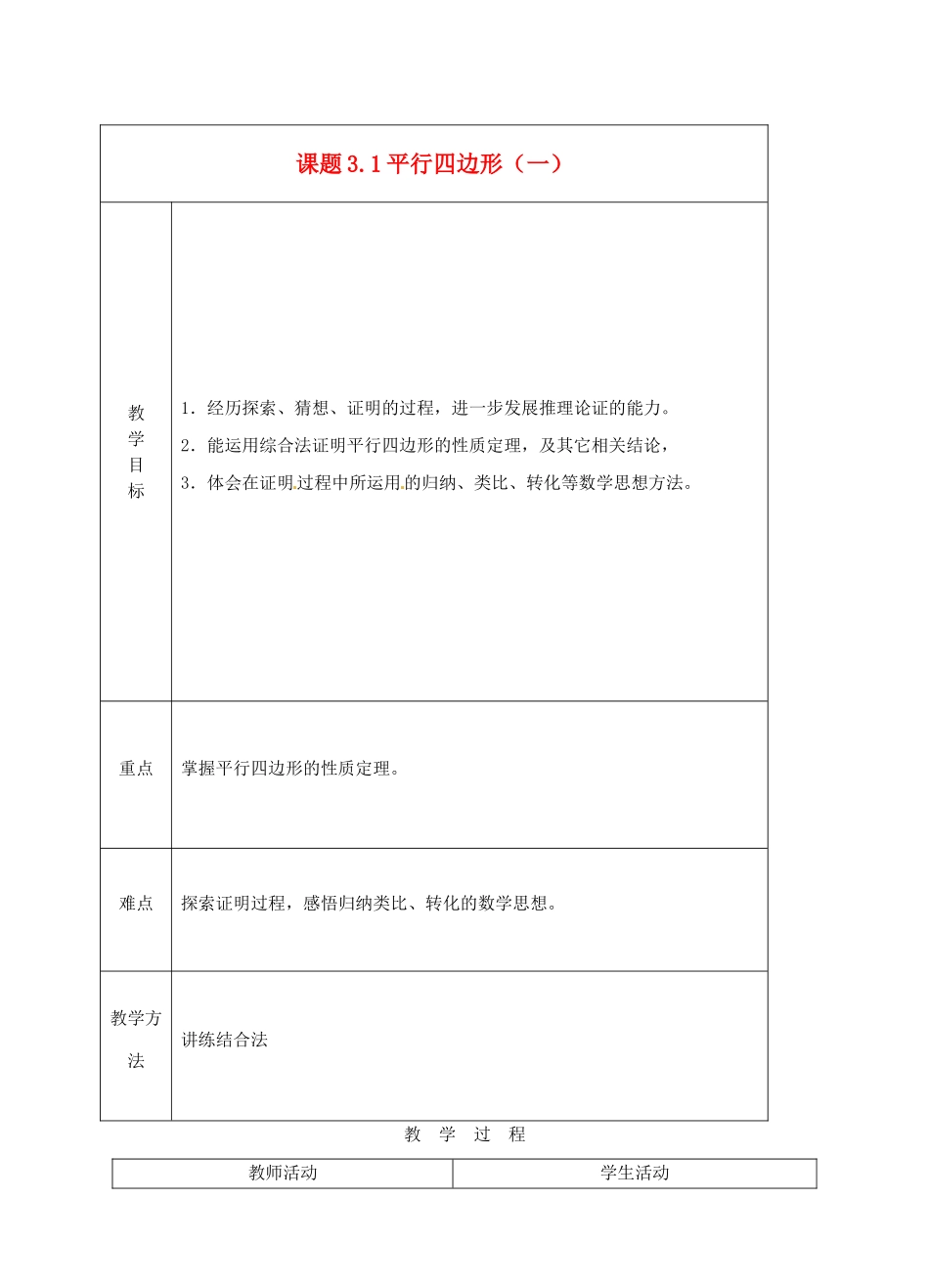 山东省枣庄四中八年级数学《平行四边形》教案 北师大版_第1页