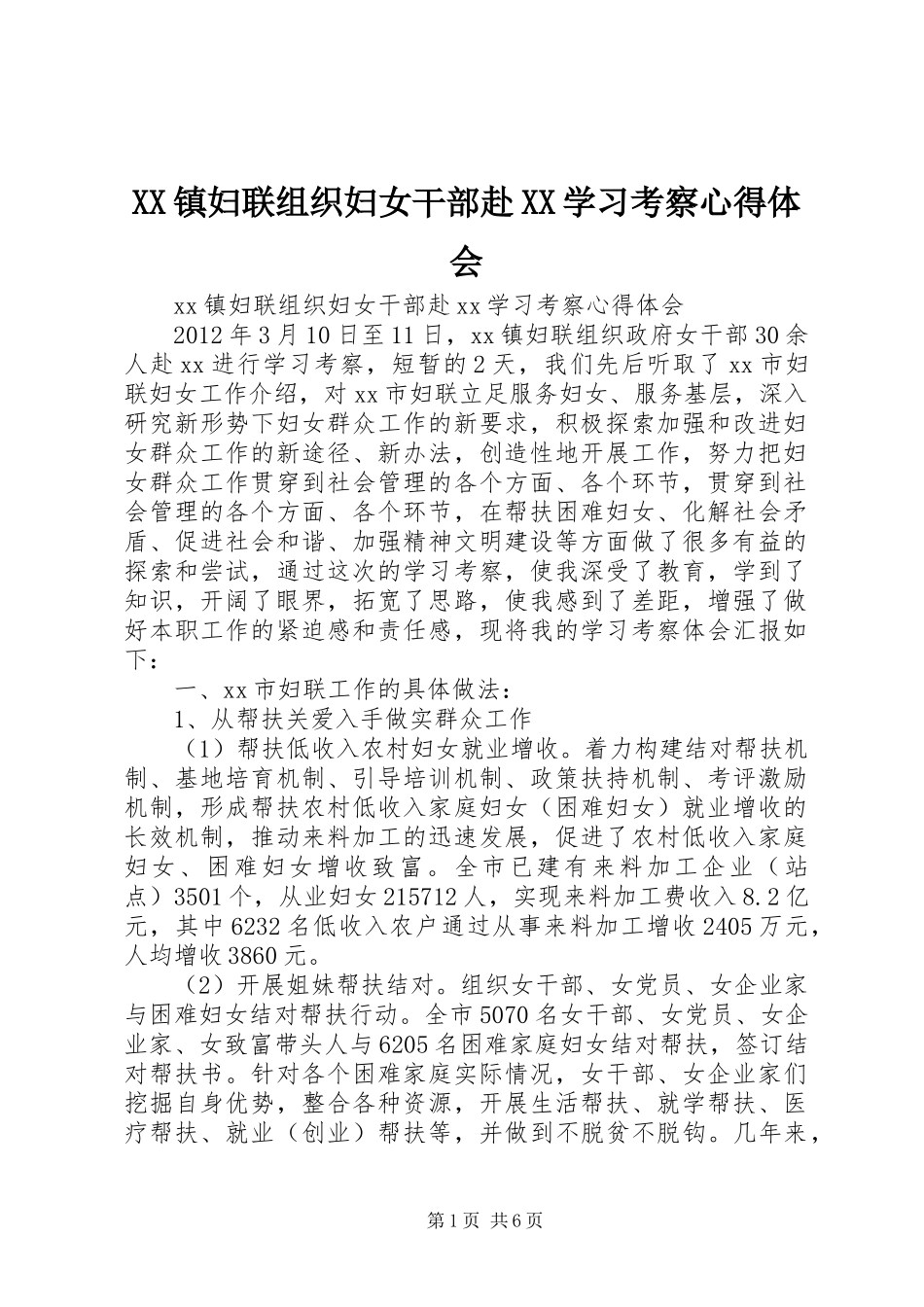 XX镇妇联组织妇女干部赴XX学习考察心得体会_第1页