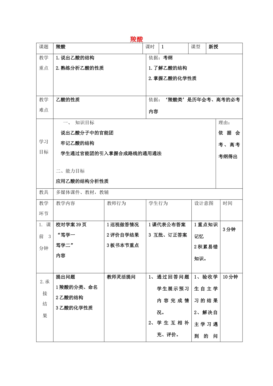 高中化学 第三章 烃的含氧衍生物 3.3 羧酸 酯 3.3.1 羧酸教案 新人教版选修5-新人教版高二选修5化学教案_第1页