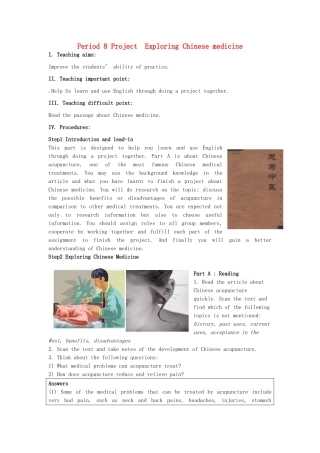 高中英语 Unit 2 Fit for life Project Exploring Chinese medicine教案 牛津译林版选修7