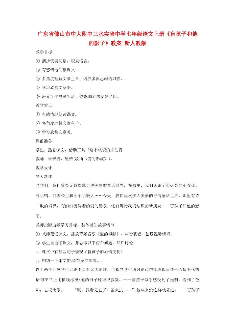 广东省佛山市中大附中三水实验中学七年级语文上册《盲孩子和他的影子》教案 新人教版_第1页