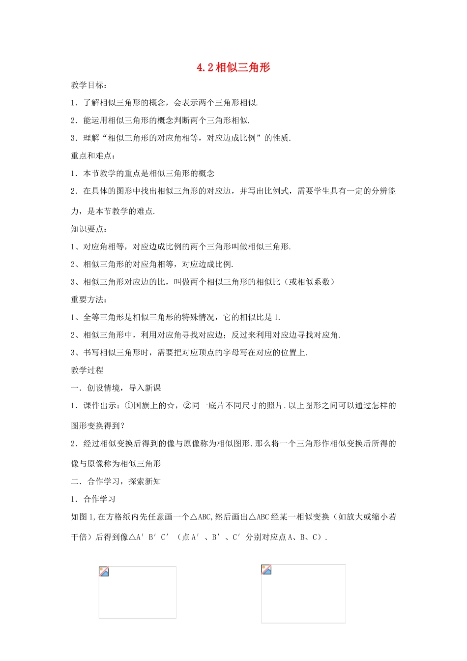 浙江省慈溪市横河初级中学九年级数学上册 4.2相似三角形教案 浙教版_第1页