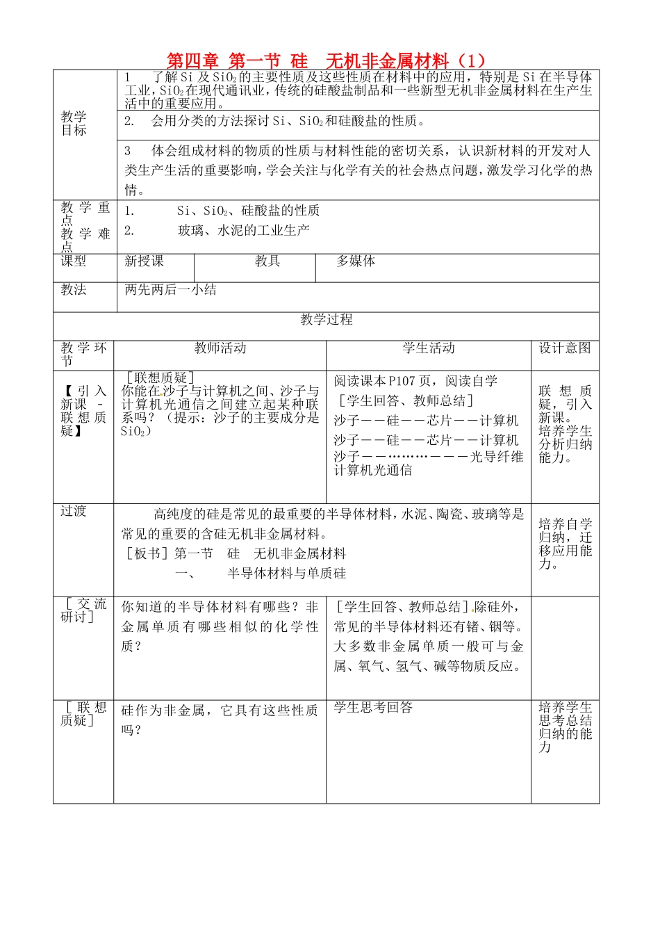 高中化学 第四章 第1节 硅、无机非金属材料 硅 二氧化硅教案 鲁科版必修1-鲁科版高一必修1化学教案_第1页