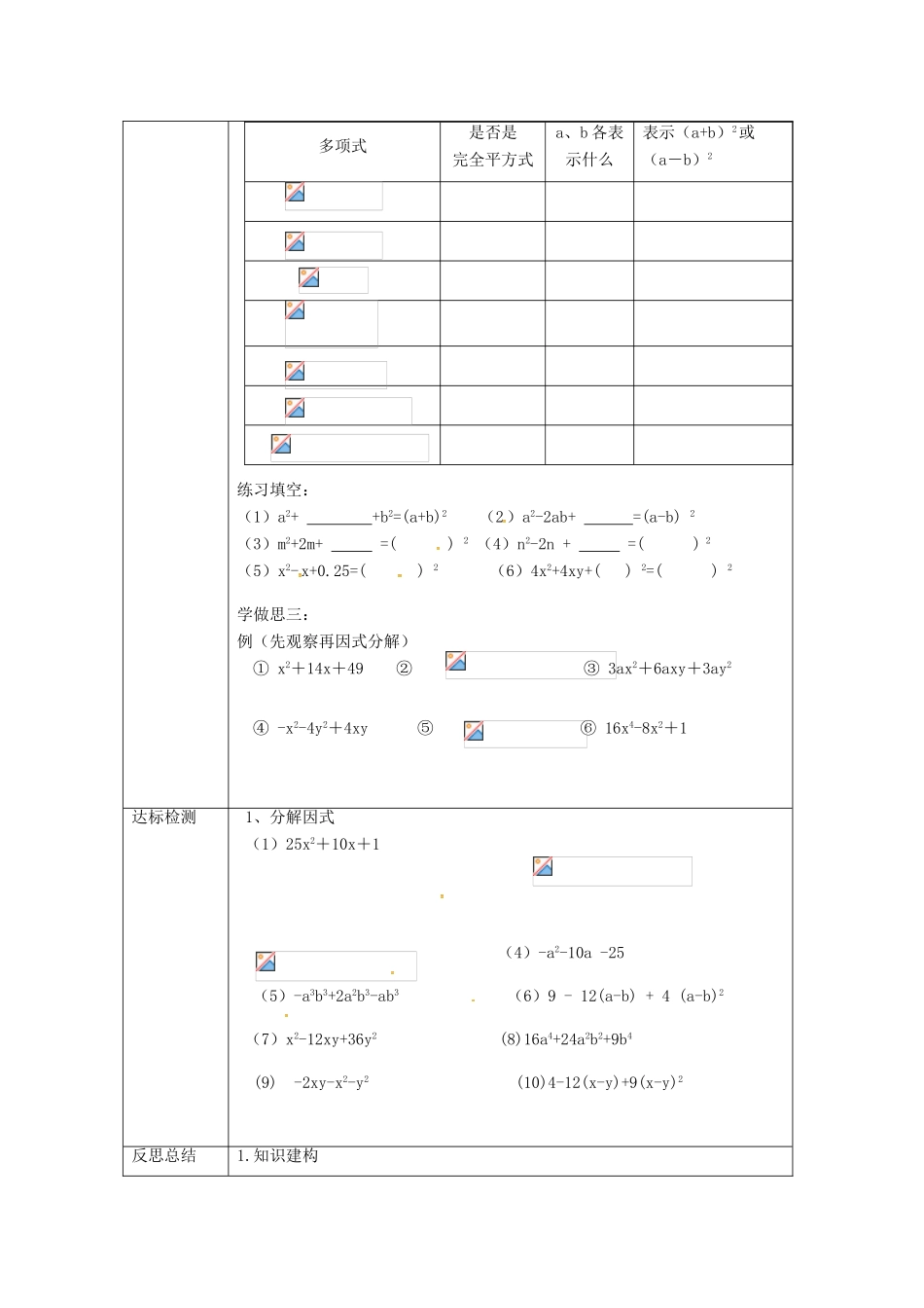 重庆市沙坪坝区虎溪镇八年级数学上册 第12章 整式的乘除 12.5 因式分解 12.5.3 因式分解（完全平方公式法）教案 （新版）华东师大版-（新版）华东师大版初中八年级上册数学教案_第2页