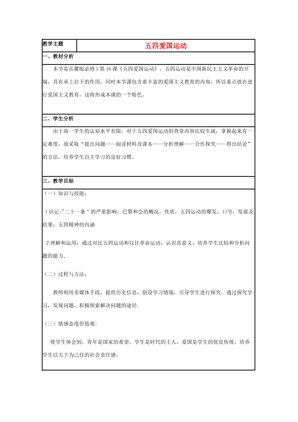 高中历史 第16课 五四爱国运动教案20 岳麓版必修1-岳麓版高一必修1历史教案_第1页