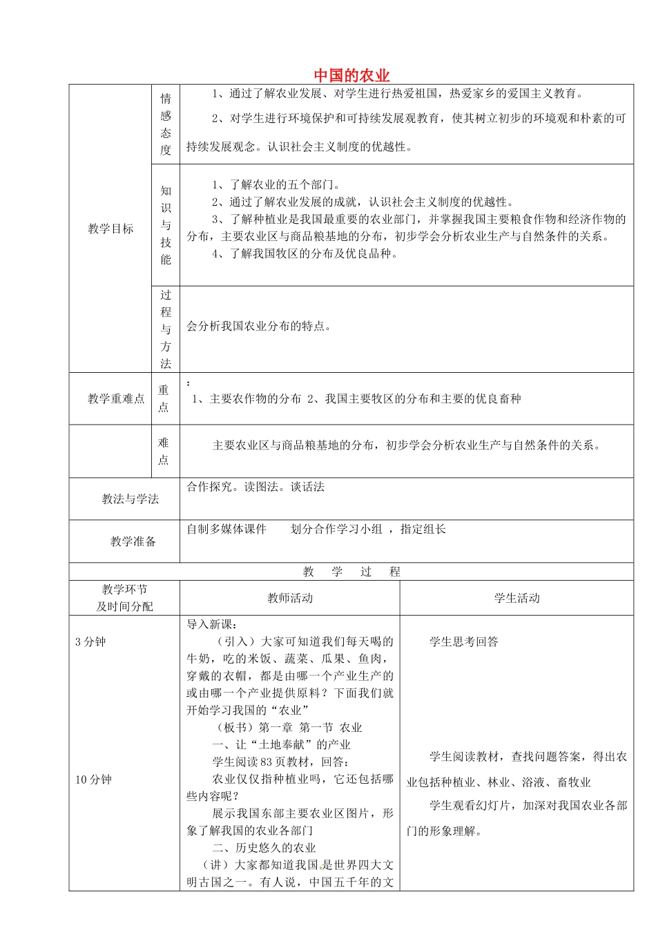 陕西省安康市紫阳县紫阳中学初中部八年级地理上册 4.1 中国的农业教案 （新版）湘教版_第1页
