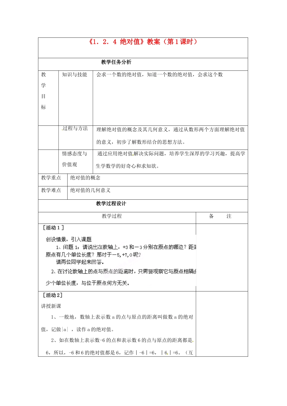 四川省雷波县民族中学七年级数学上册《1.2.4 绝对值》教案（第1课时） （新版）新人教版_第1页