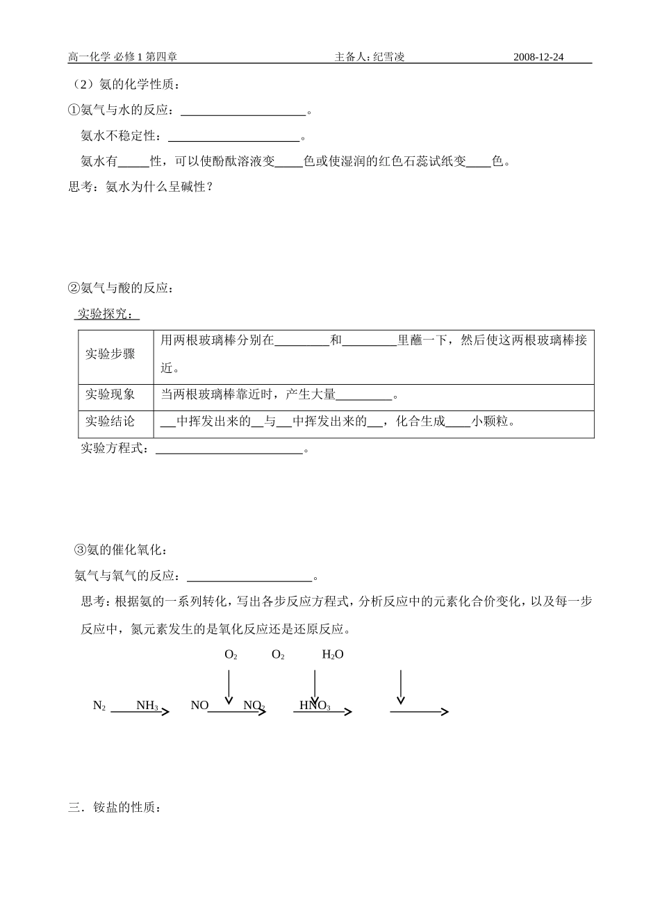 高中化学第四节 氨 硝酸  硫酸（1）苏教版必修一_第2页