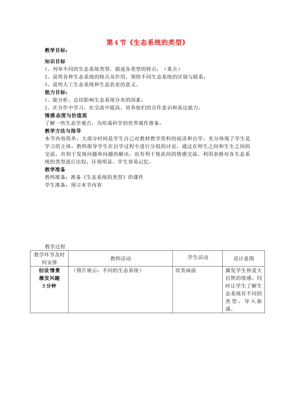 山东省枣庄市峄城区吴林街道中学八年级生物下册 第六单元 第二章《生态系统》第4节《生态系统的类型》教案 济南版_第1页