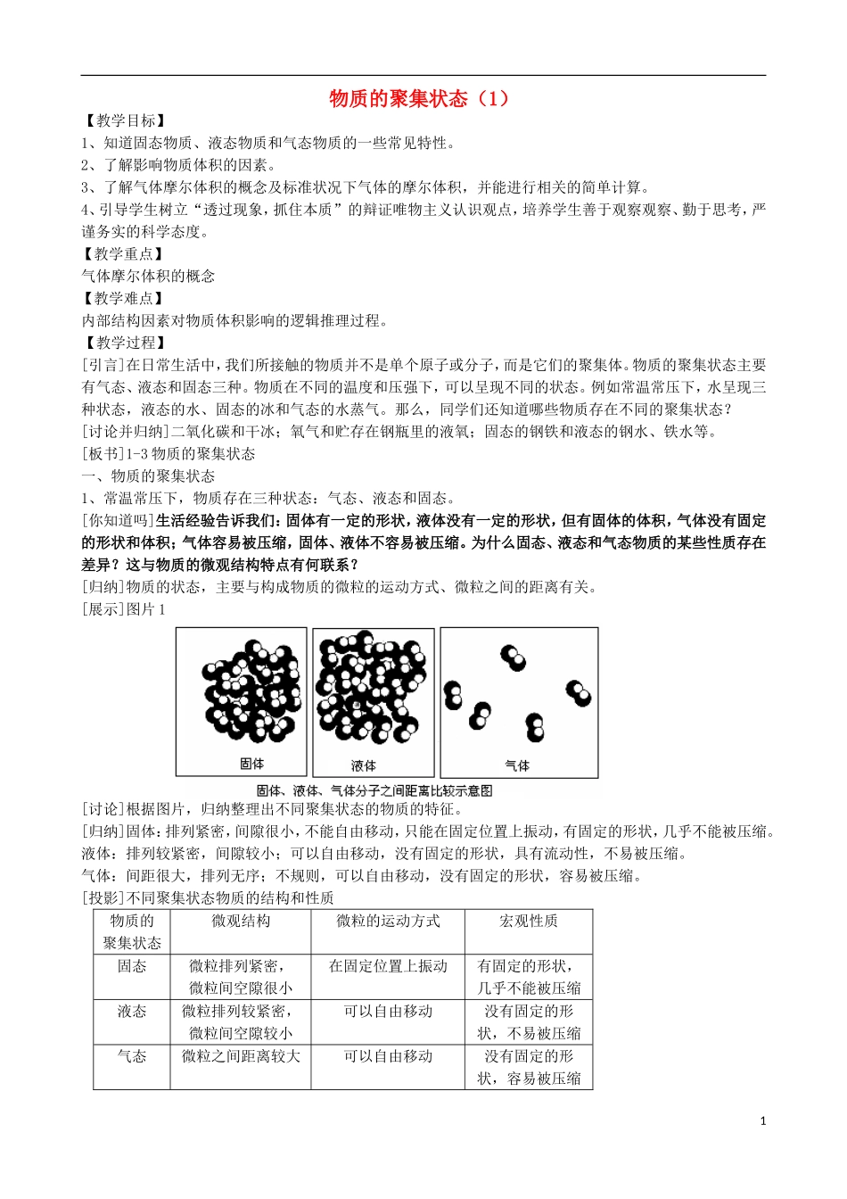 高中化学 专题一 化学家眼中的物质世界 第一单元 丰富多彩的化学物质 物质的聚集状态（1）教案 苏教版必修1-苏教版高一必修1化学教案_第1页
