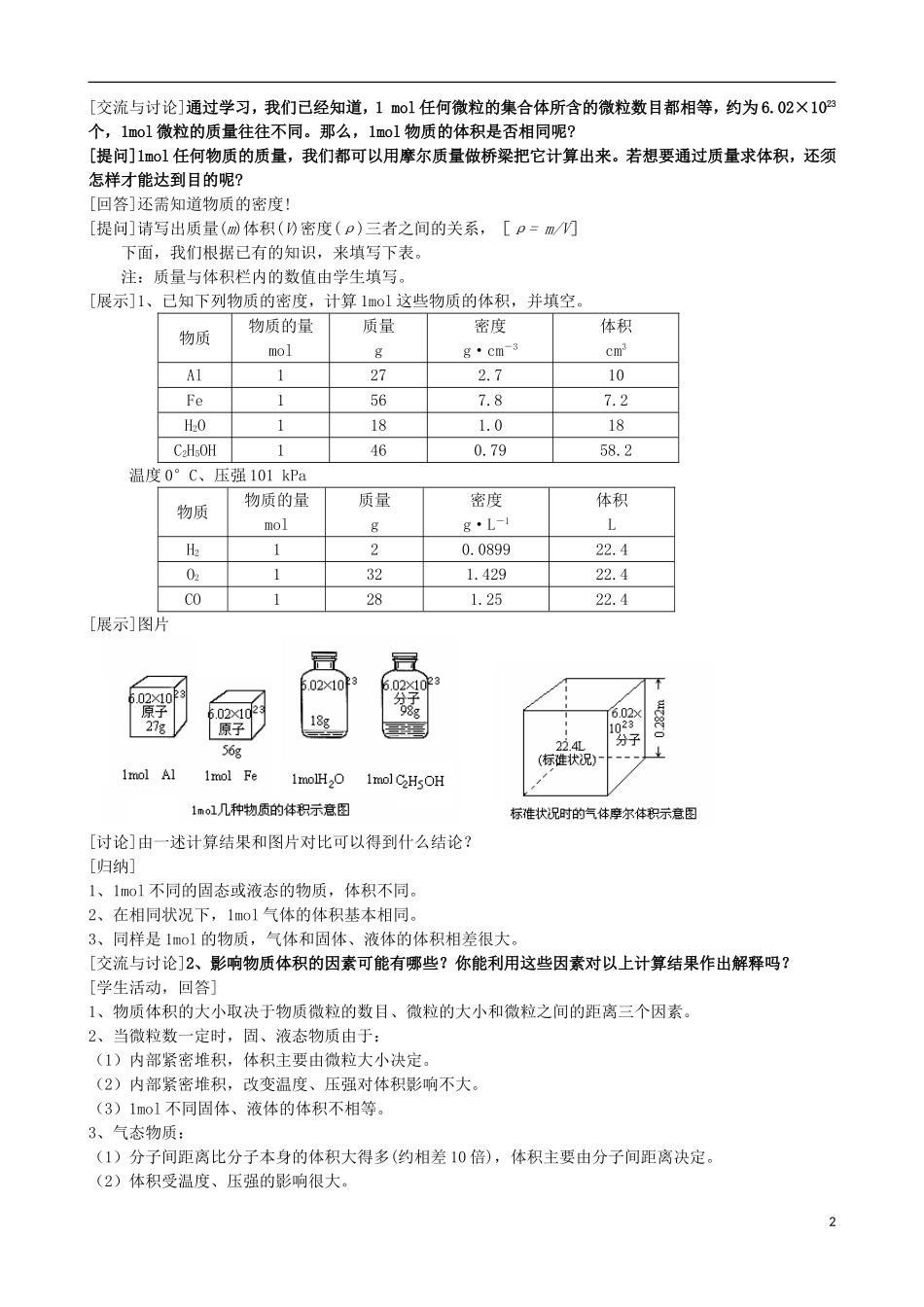 高中化学 专题一 化学家眼中的物质世界 第一单元 丰富多彩的化学物质 物质的聚集状态（1）教案 苏教版必修1-苏教版高一必修1化学教案_第2页