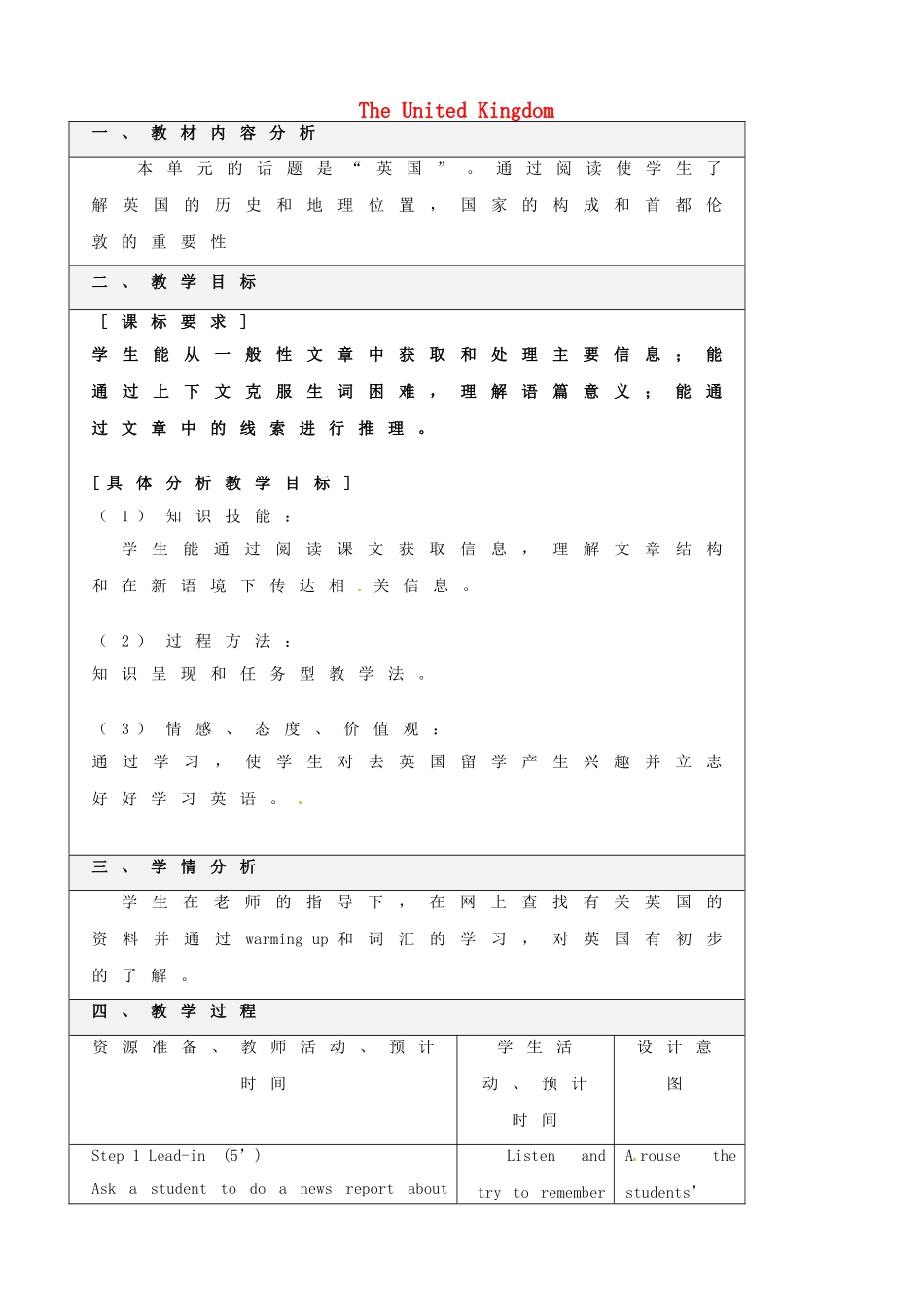 高中英语 Unit2 The United Kingdom教案1 新人教版必修5-新人教版高二必修5英语教案_第1页