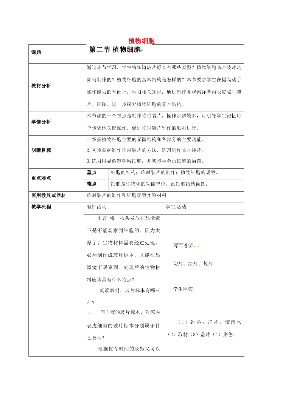 云南省师范大学五华区实验中学七年级生物上册 2.1.2 植物细胞教学设计 （新版）新人教版_第1页
