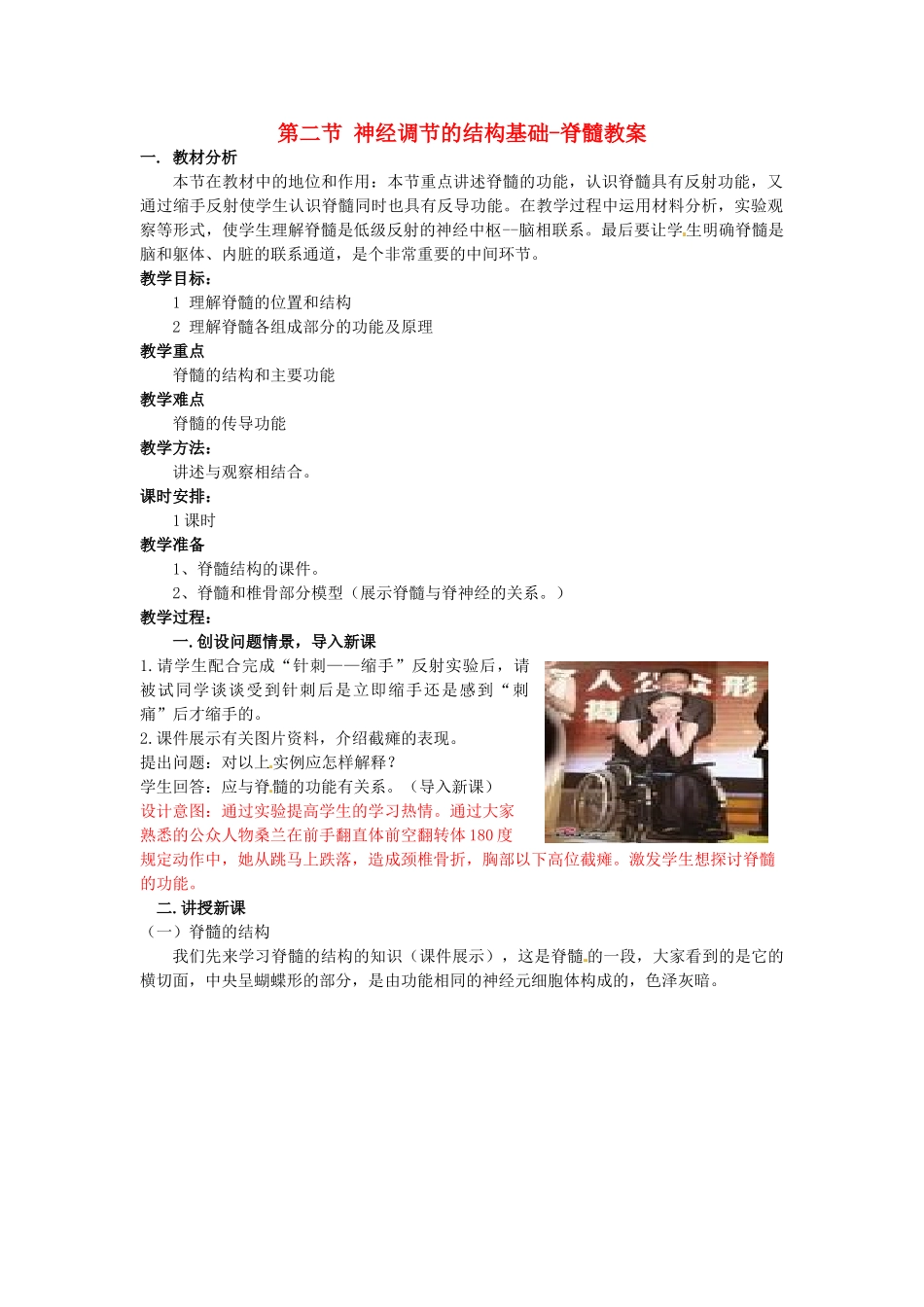 山东省枣庄市峄城区吴林街道中学七年级生物下册 第五章 第二节 神经调节的结构基础-脊髓教案 济南版_第1页