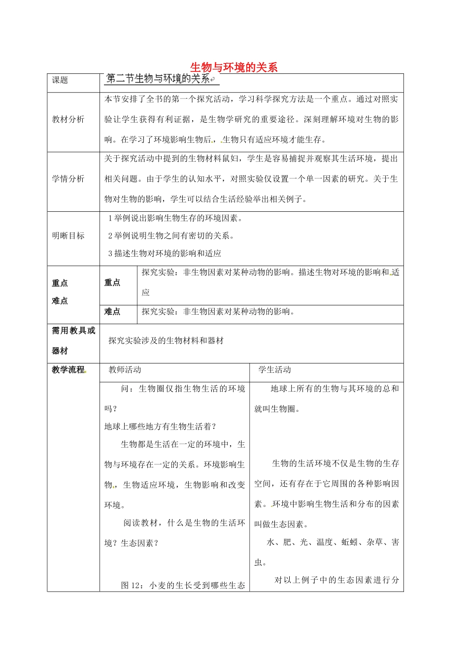 云南省师范大学五华区实验中学七年级生物上册 1.2.1 生物与环境的关系教学设计 （新版）新人教版_第1页
