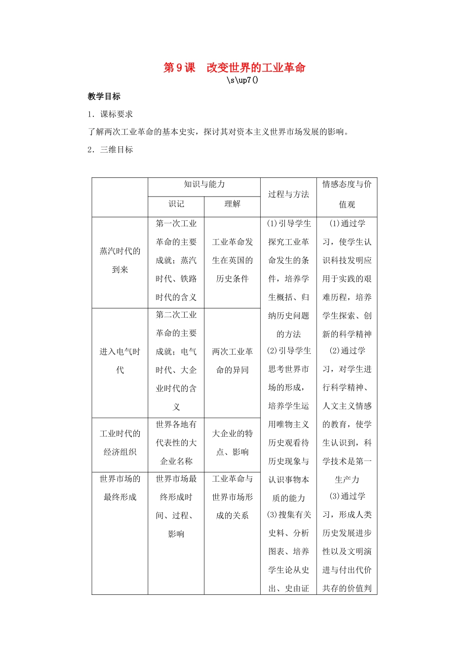 高中历史 第9课 改变世界的工业革命教案 岳麓版必修2-岳麓版高一必修2历史教案_第1页