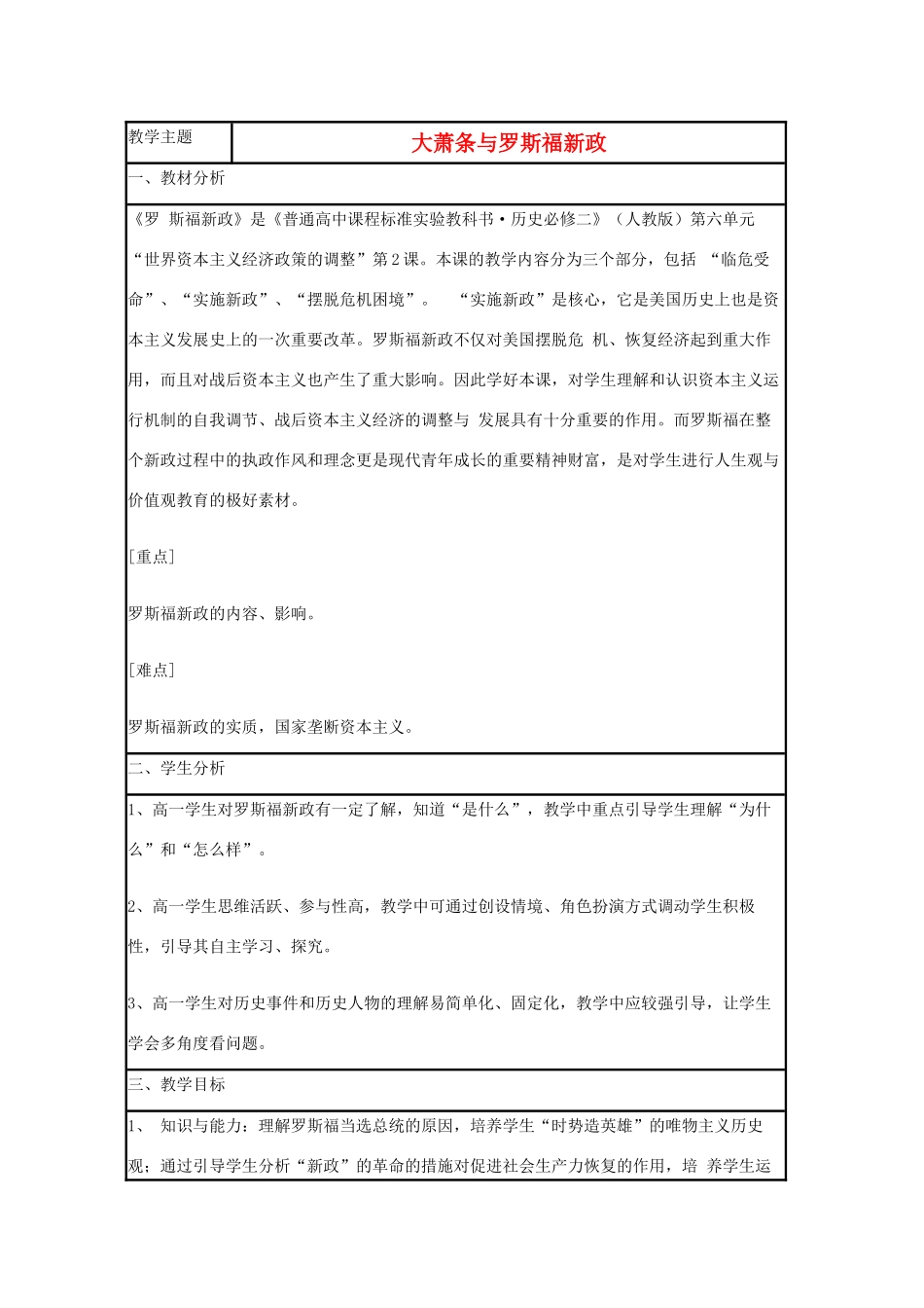 高中历史 第15课 大萧条与罗斯福新政教案20 岳麓版必修2-岳麓版高一必修2历史教案_第1页