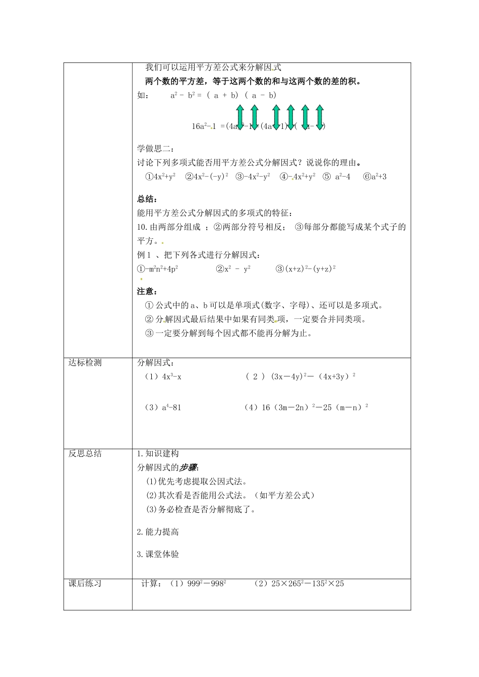 重庆市沙坪坝区虎溪镇八年级数学上册 第12章 整式的乘除 12.5 因式分解 12.5.2 因式分解（第2课时 平方差公式法）教案 （新版）华东师大版-（新版）华东师大版初中八年级上册数学教案_第2页