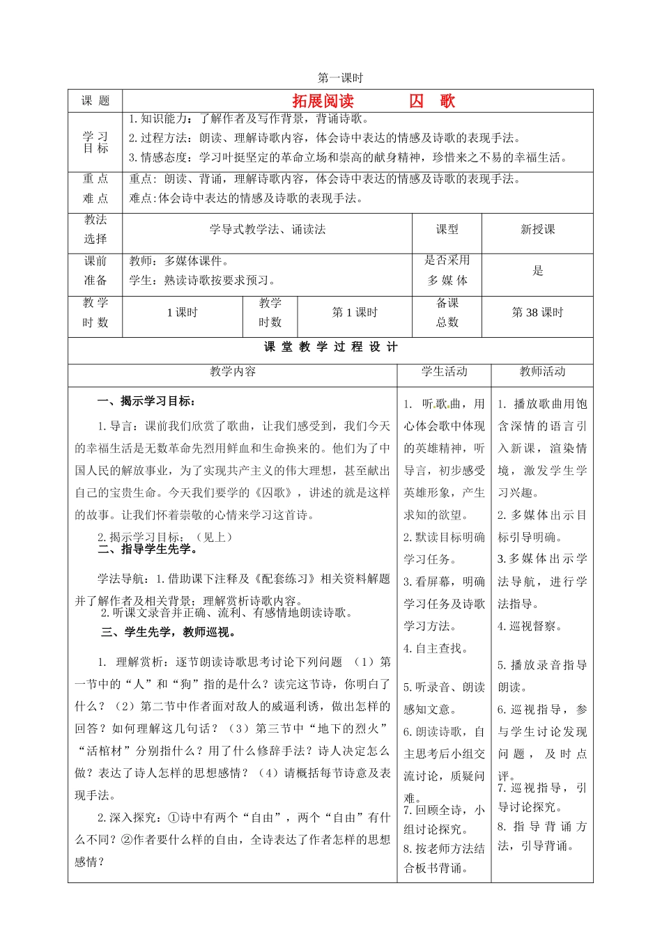 甘肃省酒泉市瓜州二中八年级语文下册《囚歌》教案 教案 北师大版_第1页