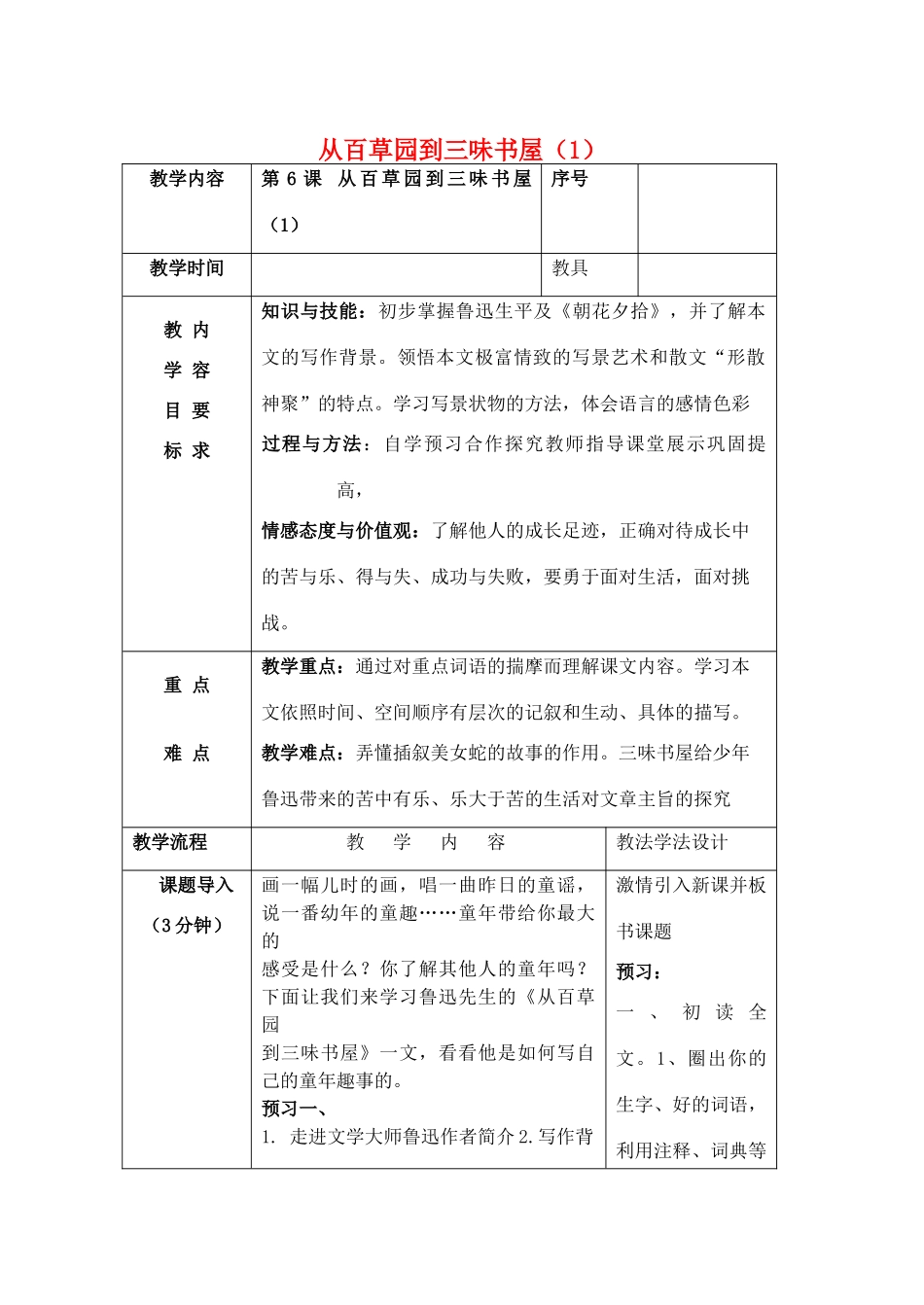 （秋季版）七年级语文上册 第一单元 2 从百草园到三味书屋教案 语文版-语文版初中七年级上册语文教案_第1页
