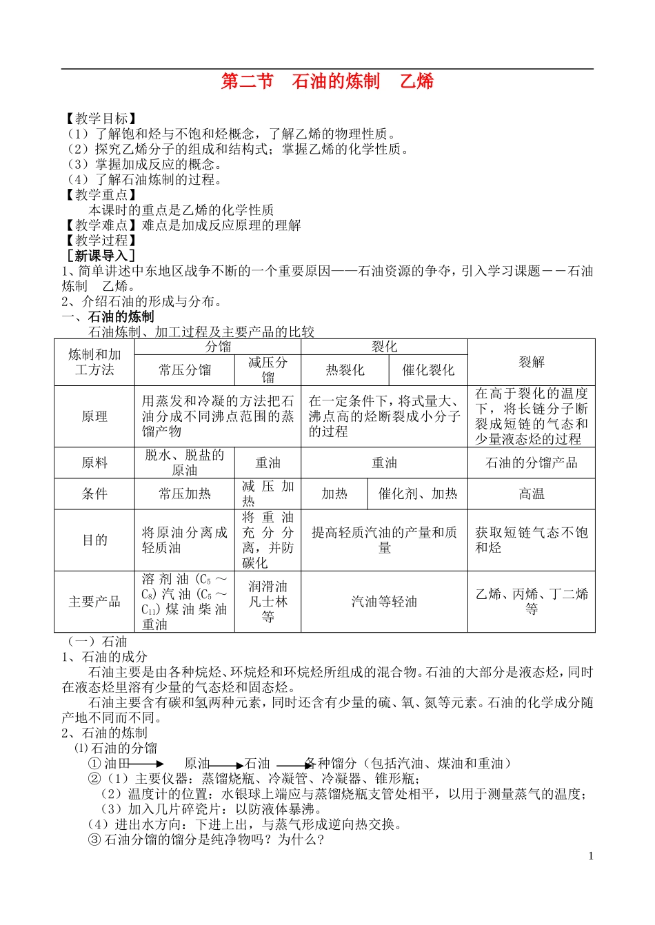 高中化学 第二节石油的炼制 乙烯教案 苏教版必修2_第1页