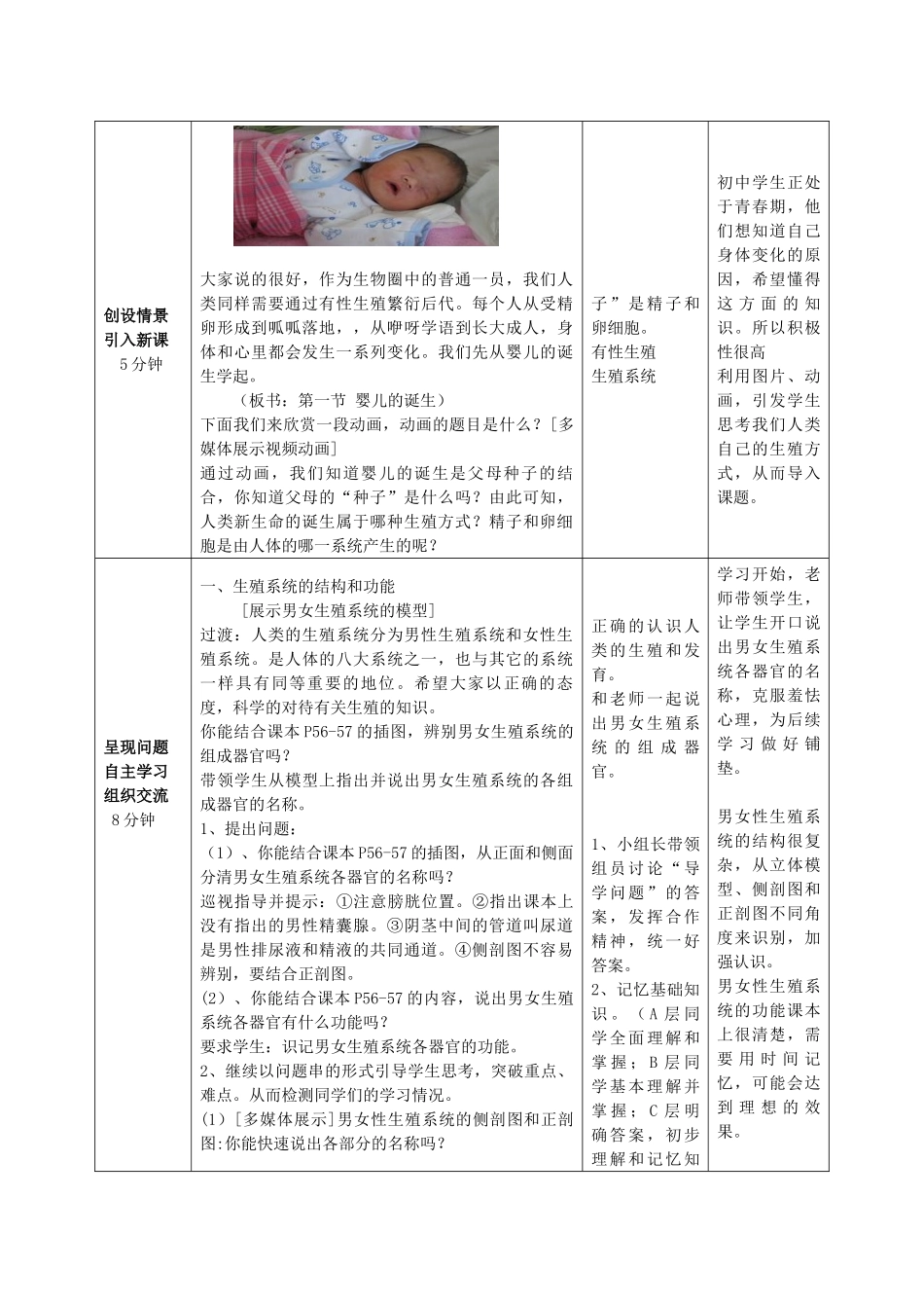 山东省枣庄市峄城区吴林街道中学八年级生物上册 第四单元 第三章 第一节 婴儿的诞生第一课时教案 济南版_第2页