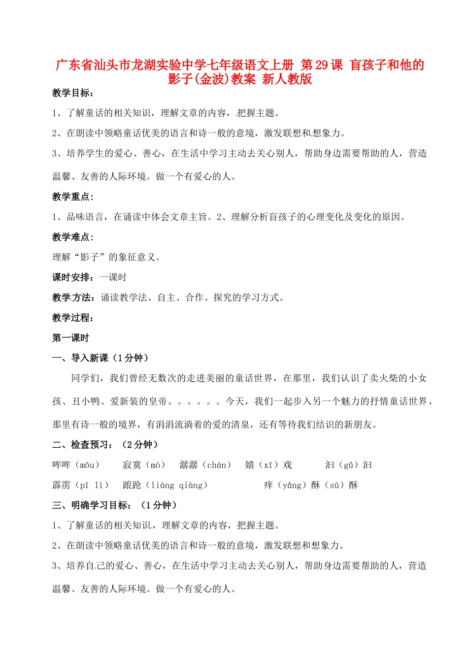 广东省汕头市龙湖实验中学七年级语文上册 第29课 盲孩子和他的影子教案 新人教版_第1页