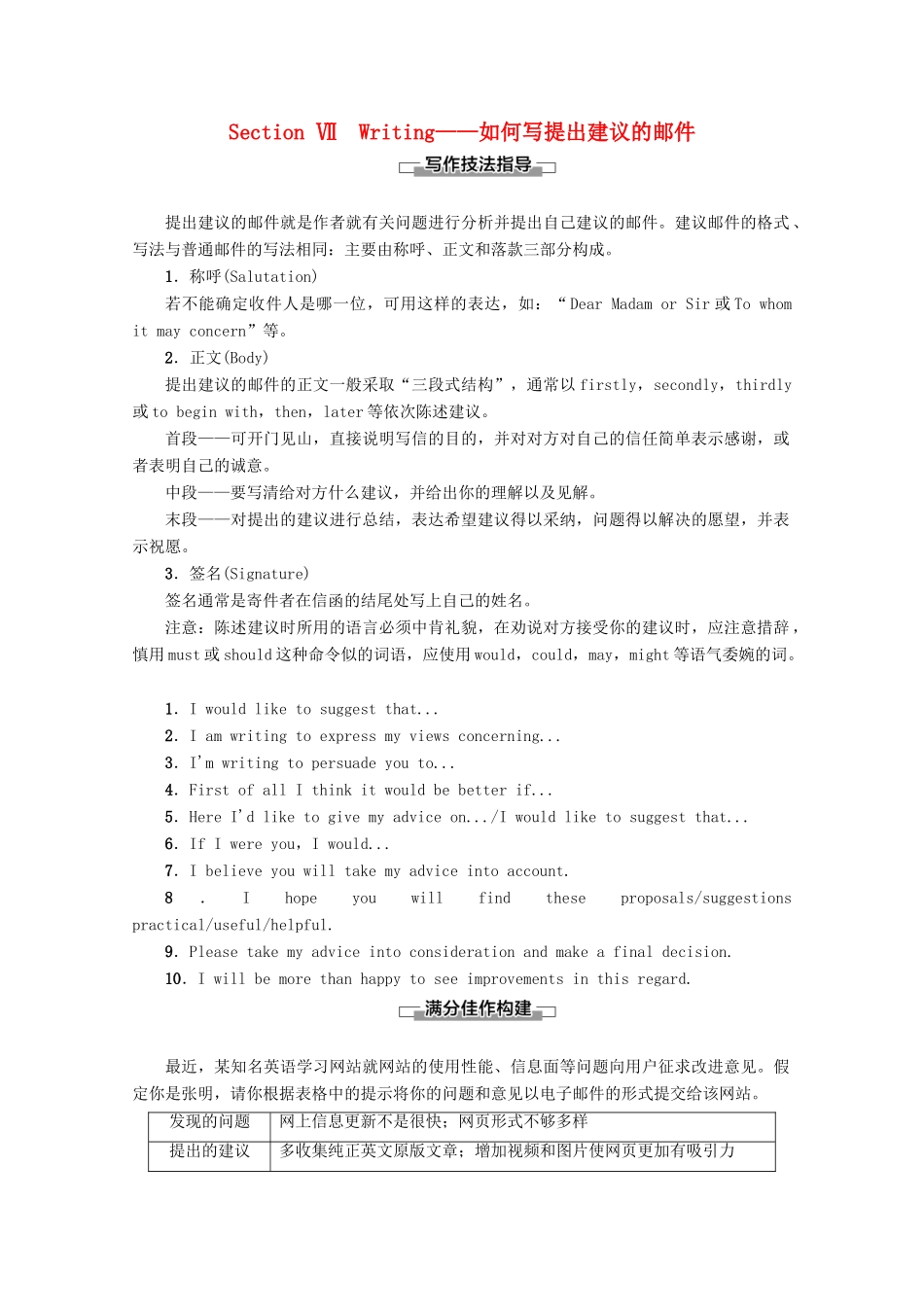 高中英语 Unit 1 Living with technology Section Ⅶ Writing——如何写提出建议的邮件教案（含解析）牛津译林版选修7-牛津版高二选修7英语教案_第1页