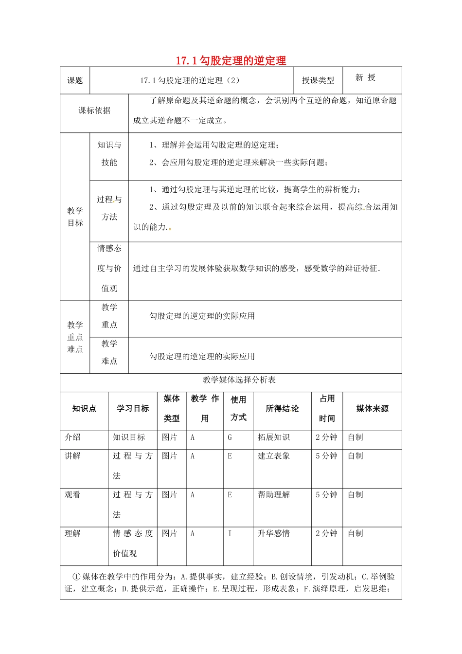 陕西省安康市石泉县池河镇八年级数学下册 第17章 勾股定理 17.2 勾股定理的逆定理（2）教案 （新版）新人教版-（新版）新人教版初中八年级下册数学教案_第1页