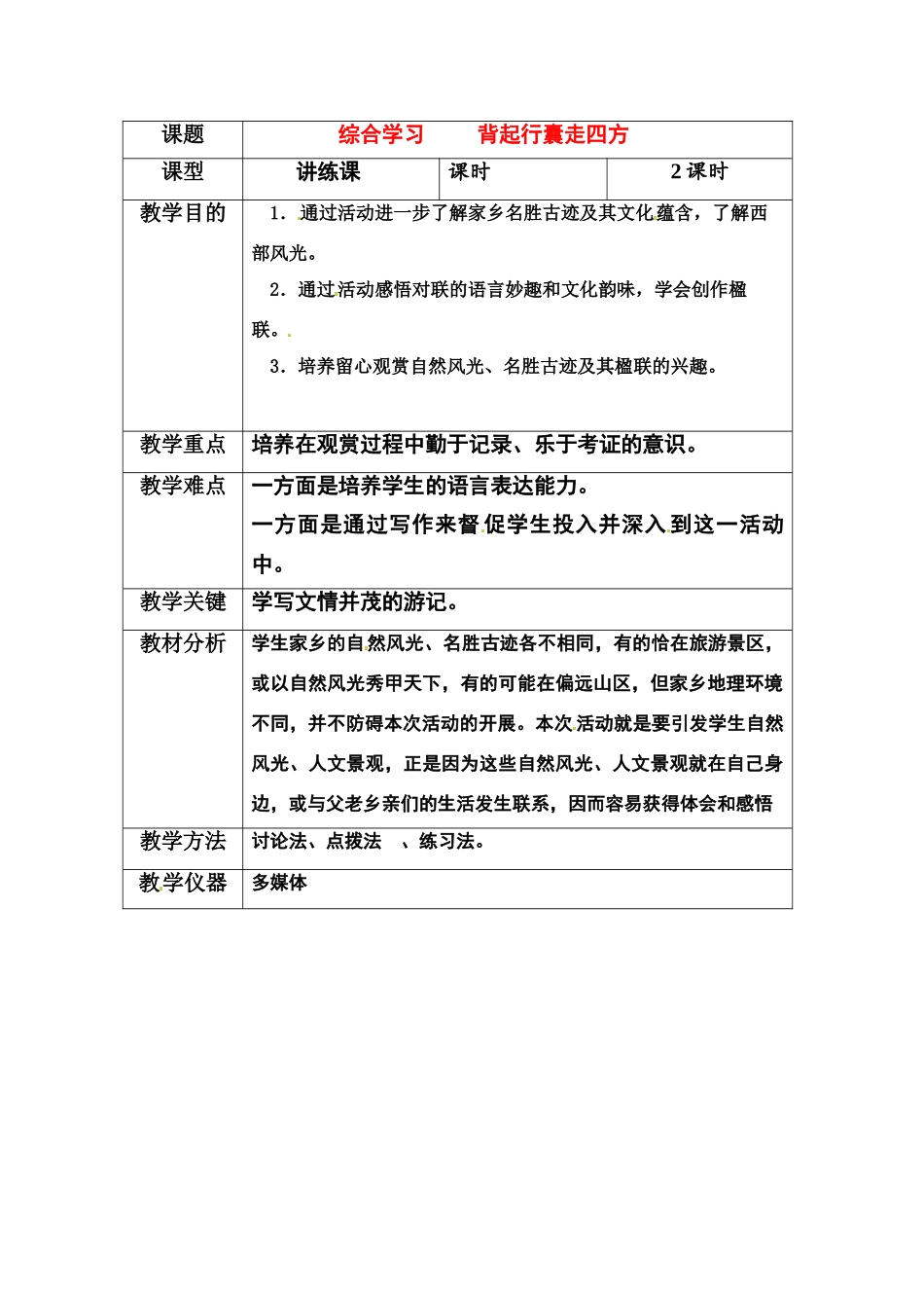 八年级语文下册《背起行囊走四方》教案3人教版_第1页
