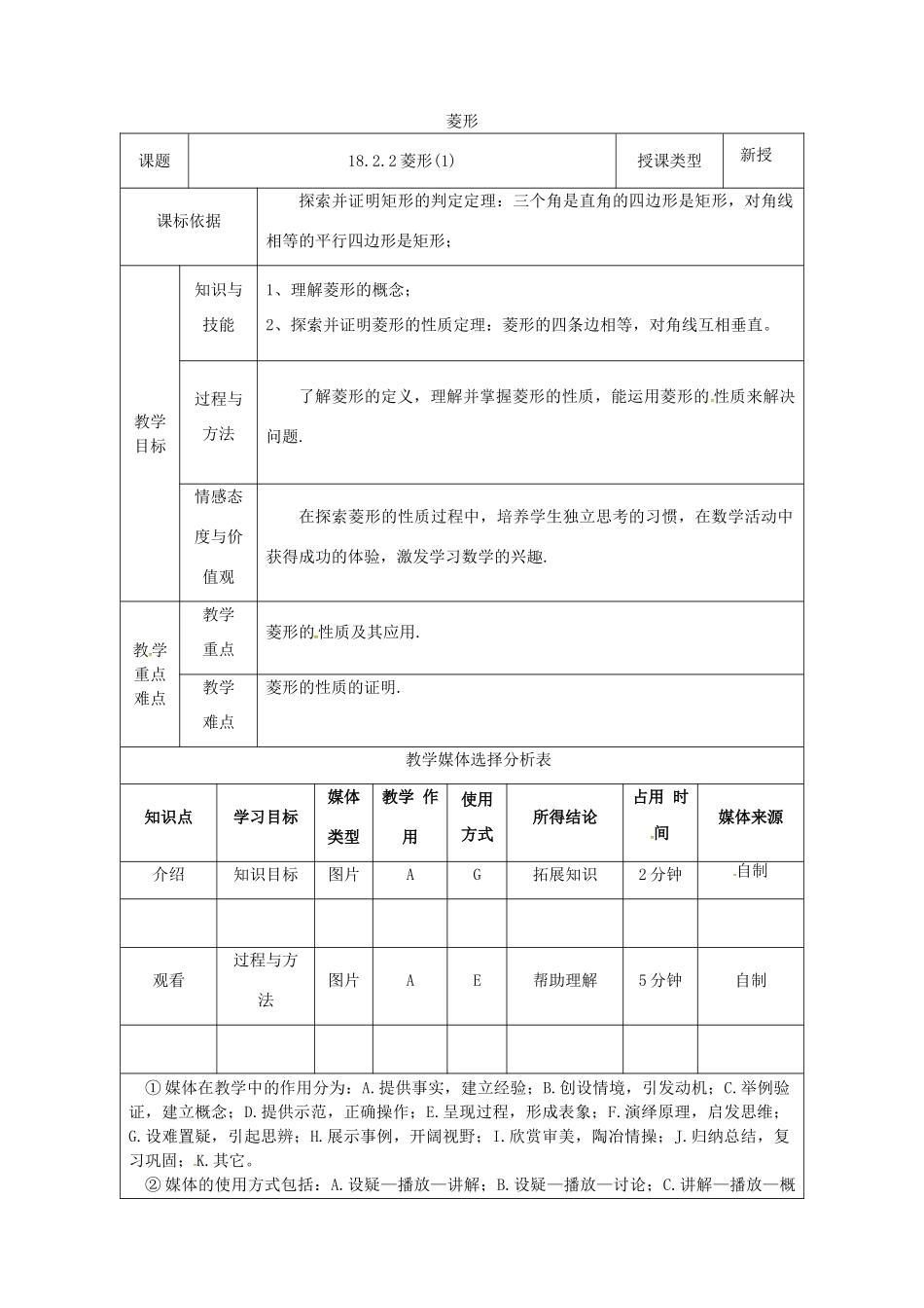 陕西省安康市石泉县池河镇八年级数学下册 第18章 平行四边形 18.2 特殊的平行四边形 18.2.2 菱形（1）教案 （新版）新人教版-（新版）新人教版初中八年级下册数学教案_第1页