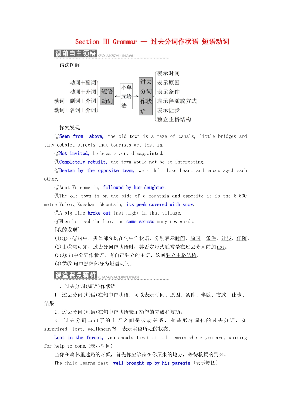 高中英语 Module 5 Ethnic Culture Section Ⅲ Grammar — 过去分词作状语 短语动词教案（含解析）外研版选修7-外研版高二选修7英语教案_第1页