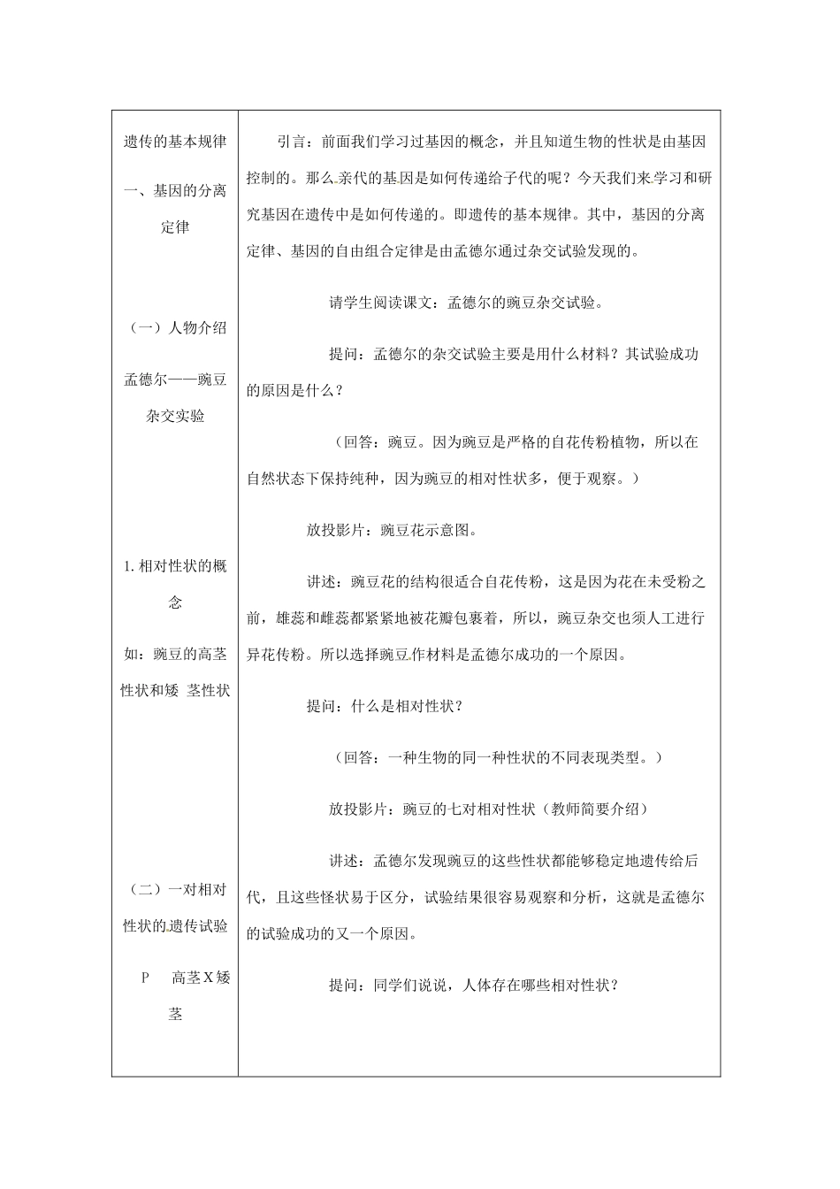 重庆市荣昌安富中学八年级生物 遗传的基本规律  基因的分离定律第1课时教案 人教新课标版_第2页