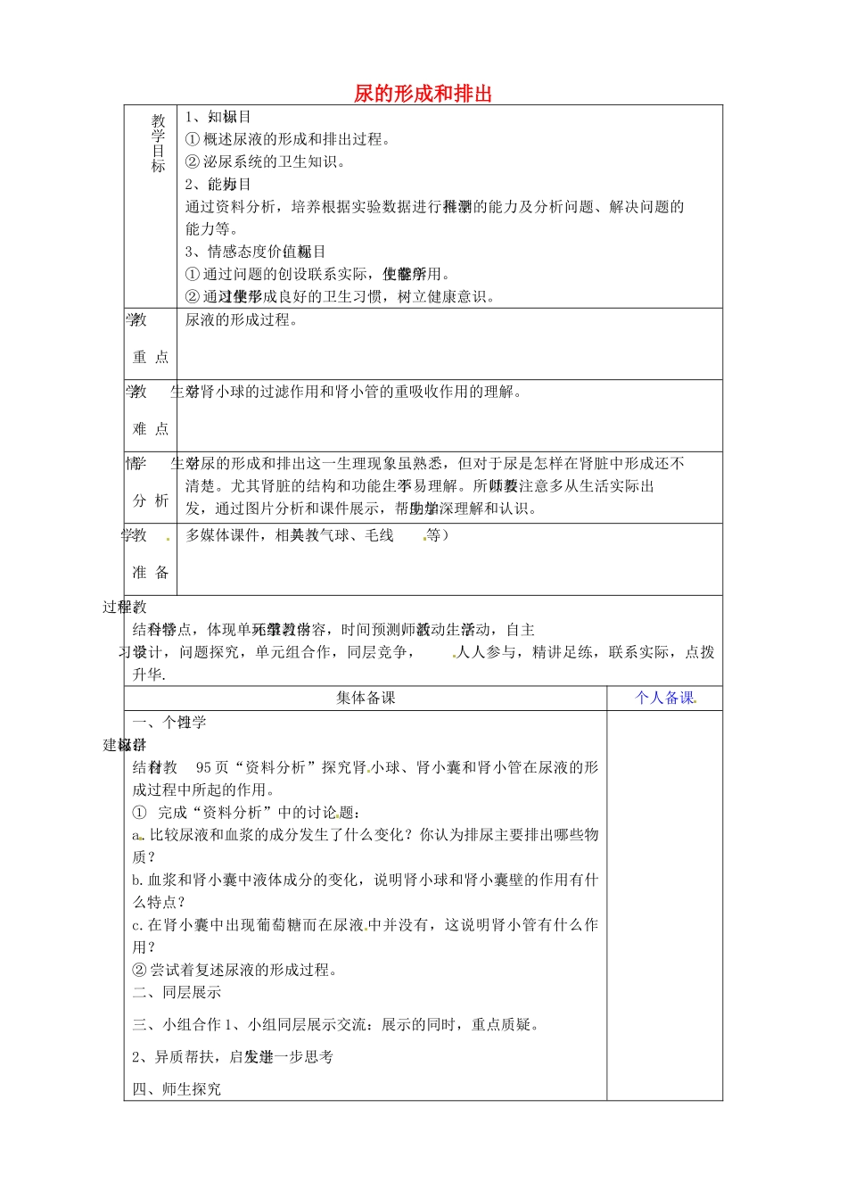 山东省淄博市临淄区第八中学七年级生物下册 5.1 尿的形成和排出教案1 新人教版_第1页