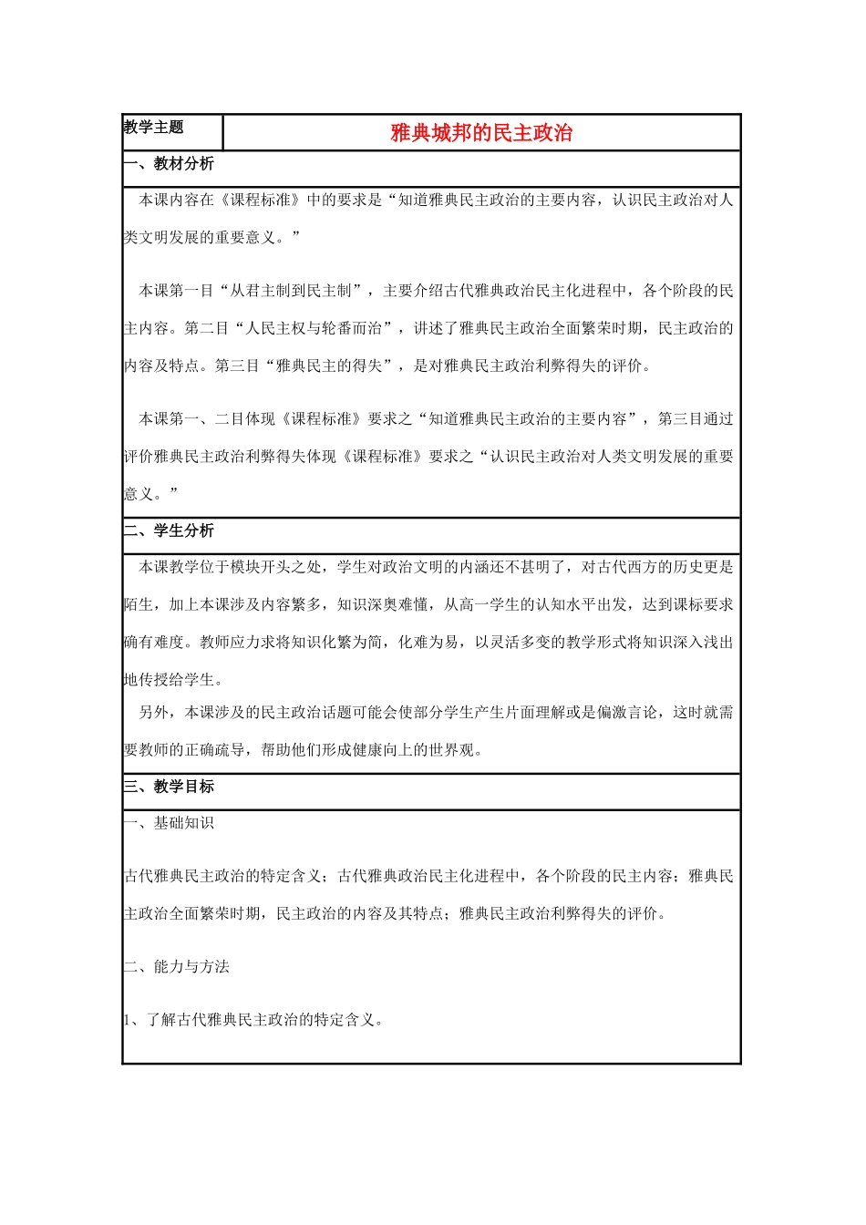 高中历史 第6课 雅典城邦的民主政治教案7 岳麓版必修1-岳麓版高一必修1历史教案_第1页