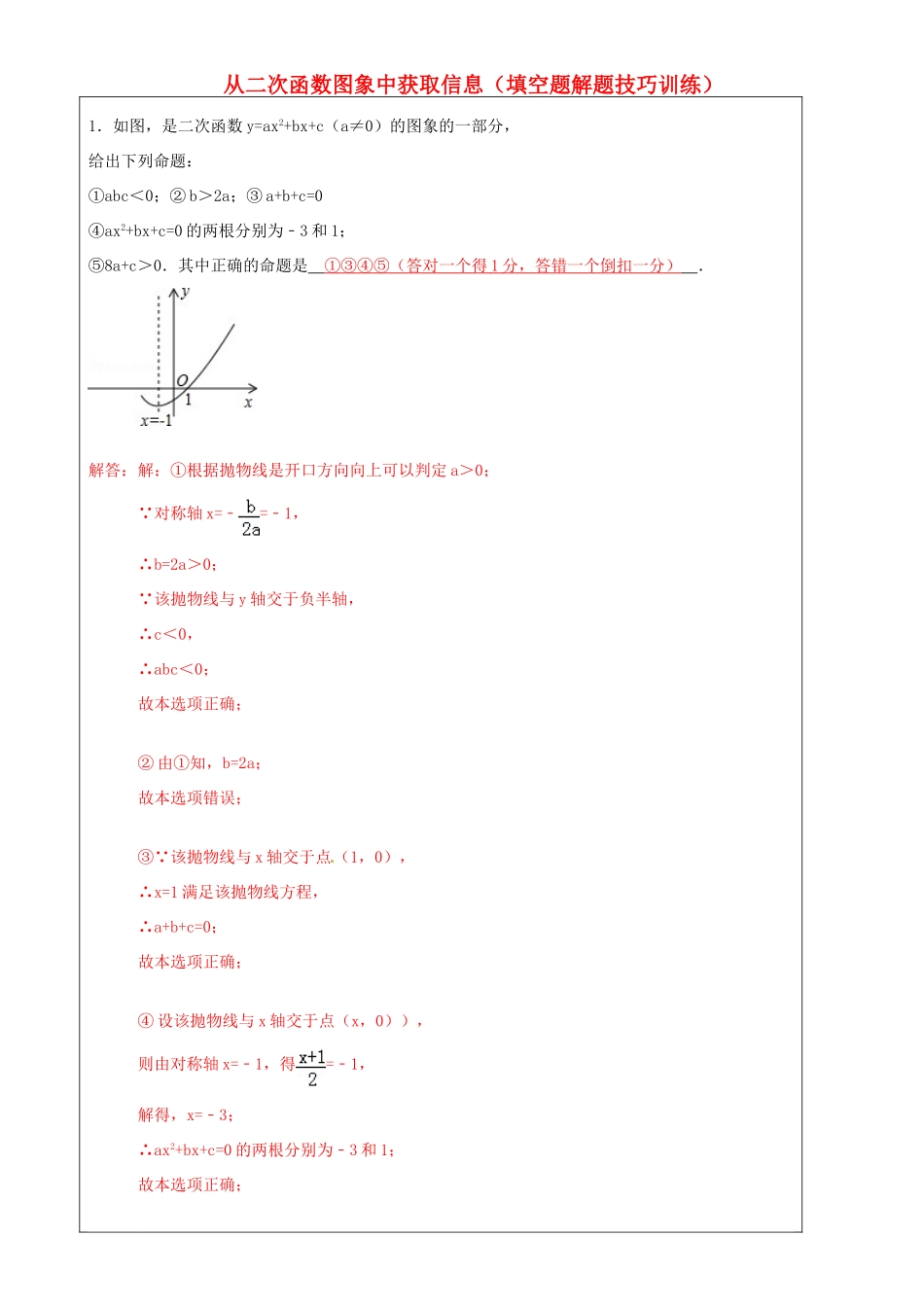上海市罗泾中学九年级数学上册 从二次函数图象中获取信息 填空题解题技巧训练 沪教版五四制_第1页